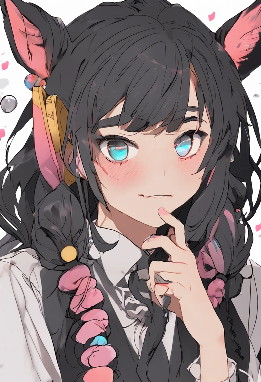 black hair, hair bobbles, wince, longeyelashes, solid circle eyes, fake animal ears, light smile, ear blush, fang, Surrealism, drop shadow, anaglyph, stereogram, tachi-e, pov, atmospheric perspective, 8k, super detail, ccurate, best quality