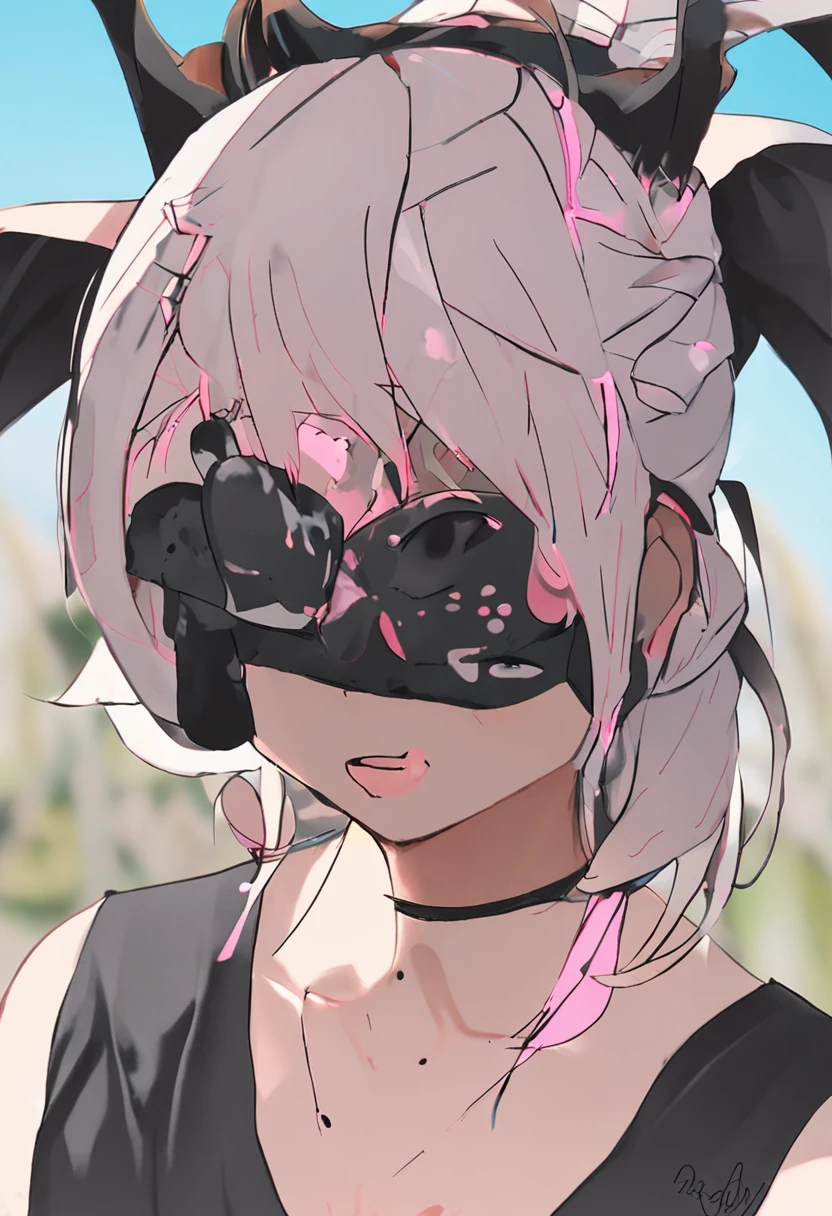 black hair, hair bobbles, wince, longeyelashes, solid circle eyes, fake animal ears, light smile, ear blush, fang, Surrealism, drop shadow, anaglyph, stereogram, tachi-e, pov, atmospheric perspective, 8k, super detail, ccurate, best quality