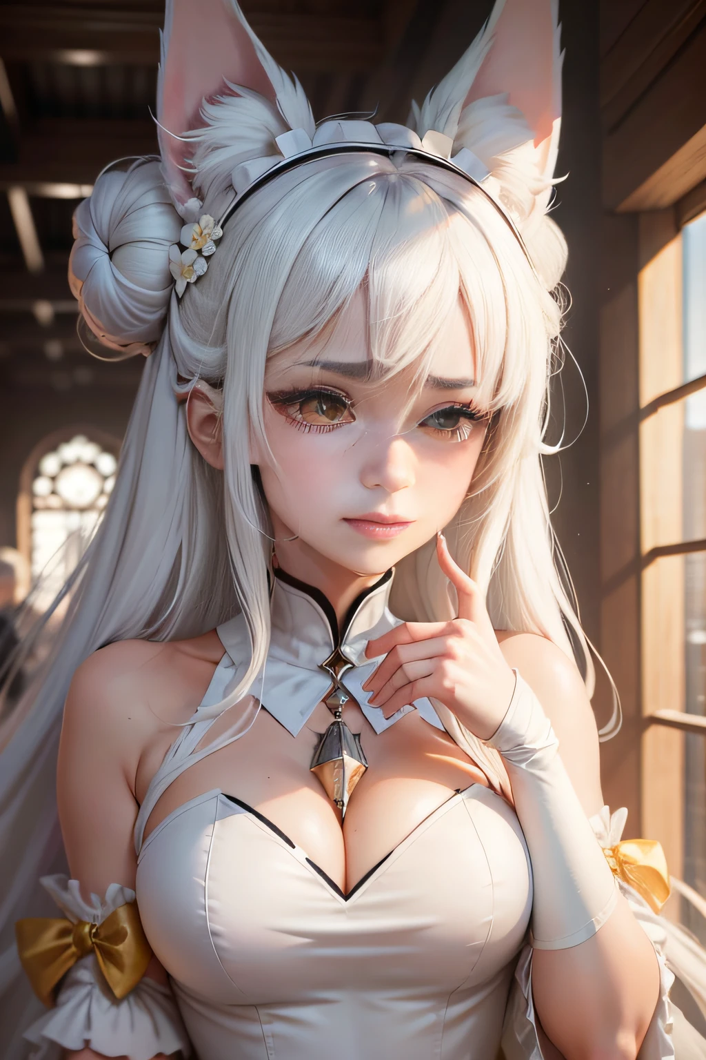 white hair, double bun, big hair, maid headdress, bell, tears, happy tears, yellow eyes, diamond-shaped pupils, animal ears, long pointy ears, kemonomimi mode, clenched teeth, pout, yandere, Surrealism, modern, anime style, stereogram, god rays, 8k, super detail, ccurate, best quality, textured skin, award winning, high details, masterpiece，boy