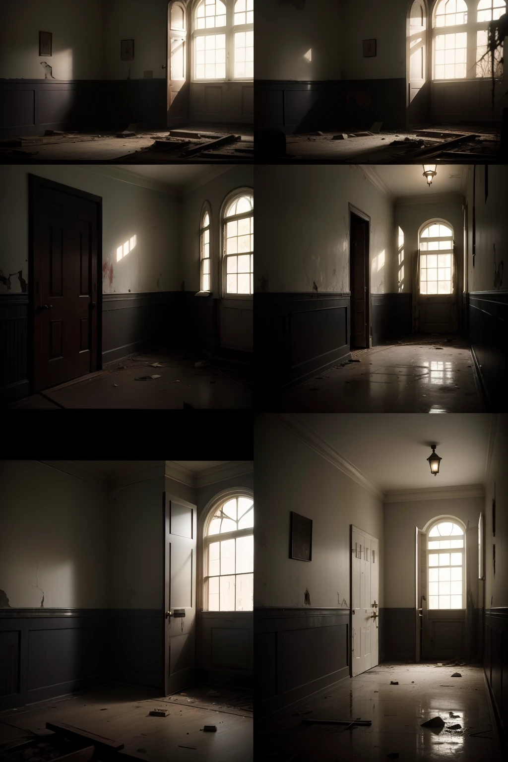 Abandoned trans-allegheny lunatic asylum,Central four(There are close-ups)The dark horror style of the horror ghost,Spooky and terrifying scene,Horror details,Depiction of bloody horror images。