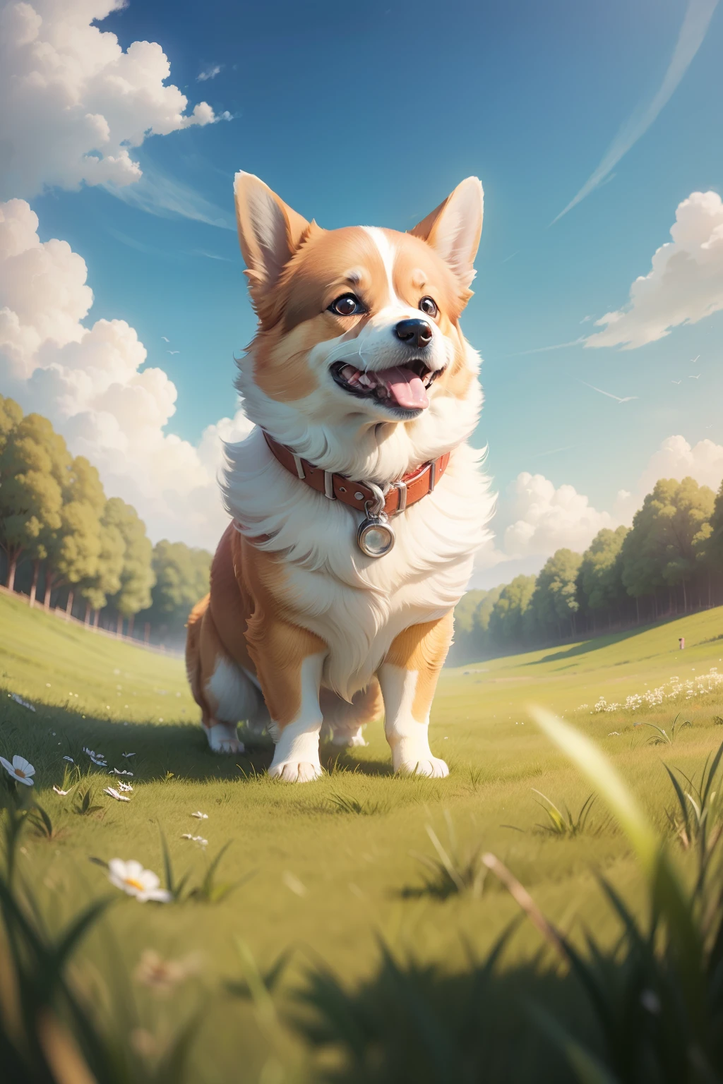 Corgi,grassy fields,blue-sky,baiyun,