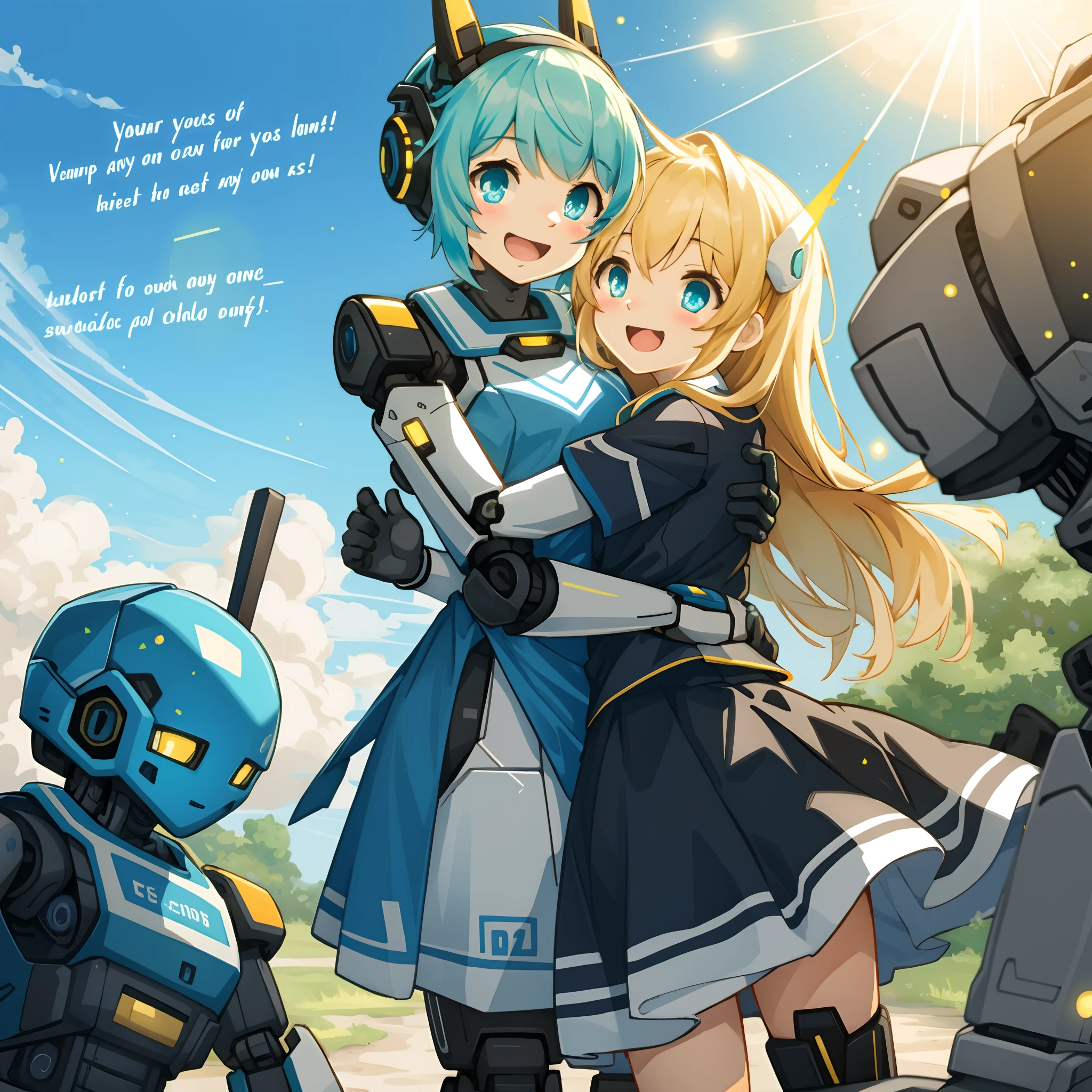 highres, top quality, best quality, paid reward available, High-quality illustrations, unparalleled masterpiece, under refreshing blue sky, absurdres, height difference, large humanoid robot, smile, hugs girl((movie of a robot and human child girl))girl hugs robot, dress skirt, smile, open mouth, happy, joyful(beautiful detailed eyes and face)caustics, light rays, light leaks, light particles, lens flare, subtitles, English text,
