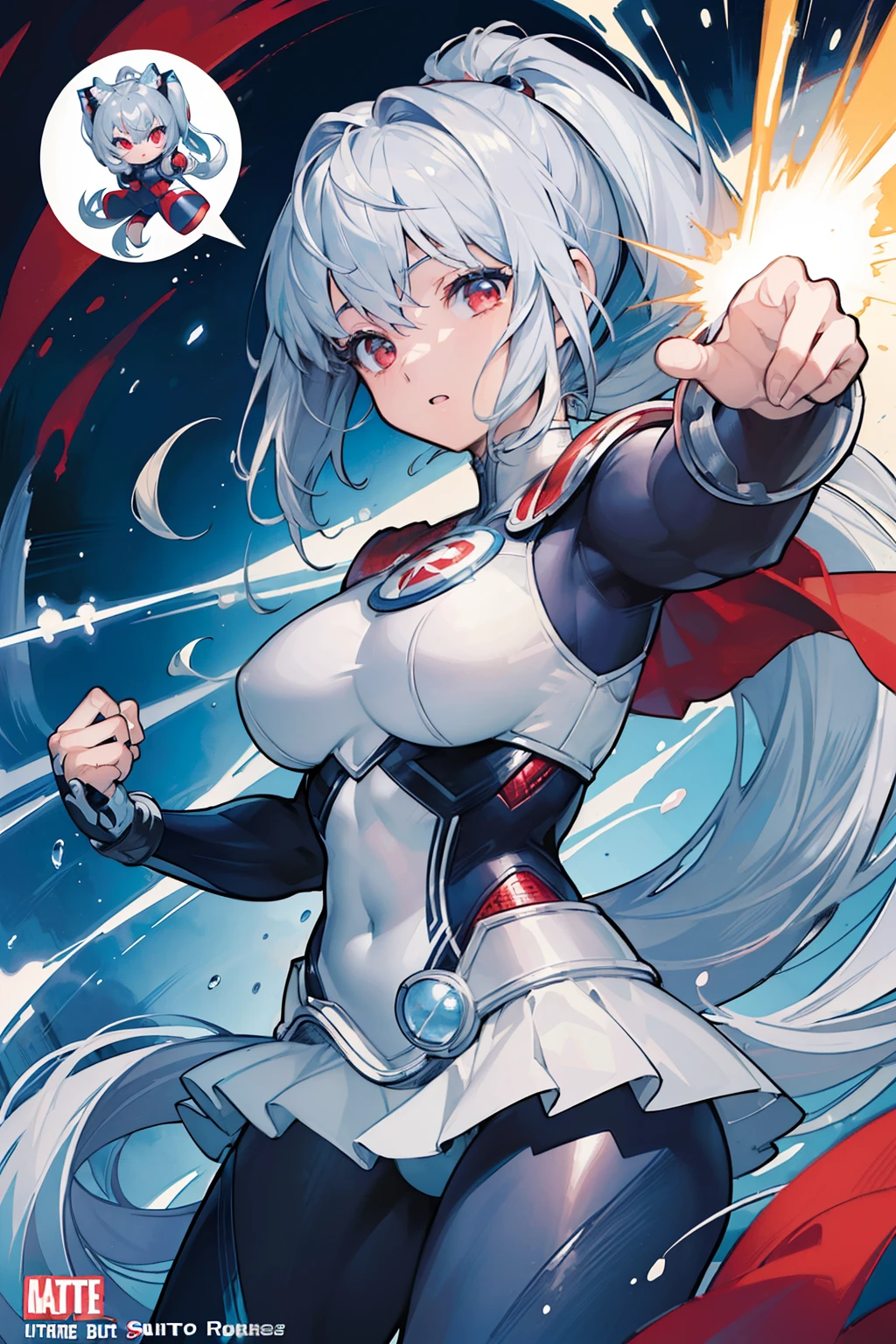 (((top-quality)))、(((ultra-detailliert)))、(((masterpiece)))、(((comics)))、upper bod、Superhero、action、Dynamic、Voice bubbles、Pow、Strong hit、poneyTail、Silvery hair、red eyes