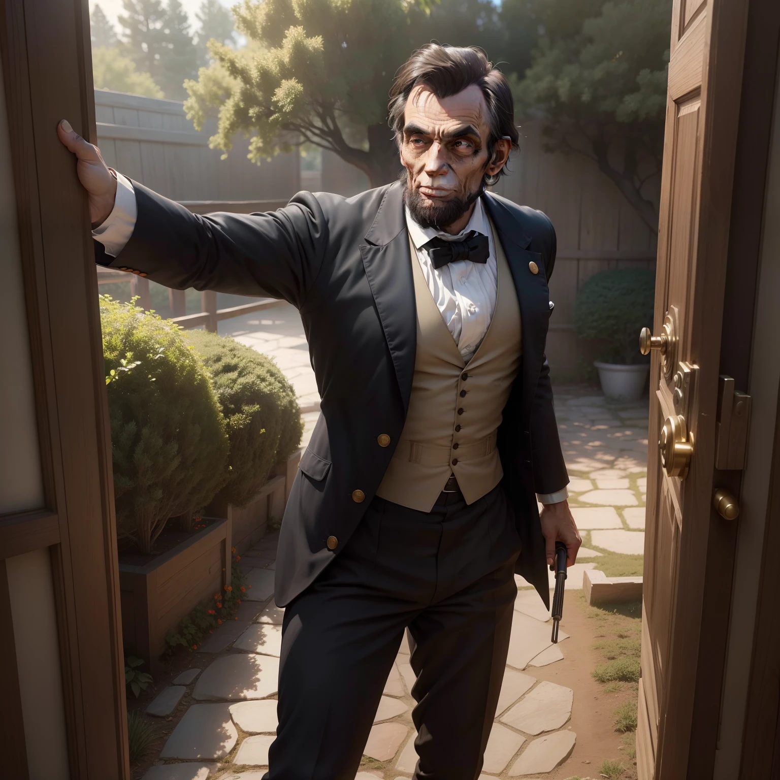 (8k, RAW photo, best quality, masterpiece:1.2), ultra detailed, official art, photo-realistic:1.37, upper body shot, Abraham Lincoln against slavery, film grain, action pose, mysterious garden, full body, suit