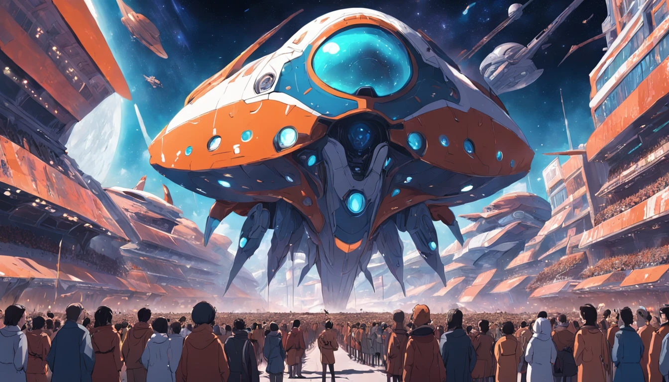 Huge parade of spaceships watched by many friendly human and extraterrestrial spectators from various backgrounds