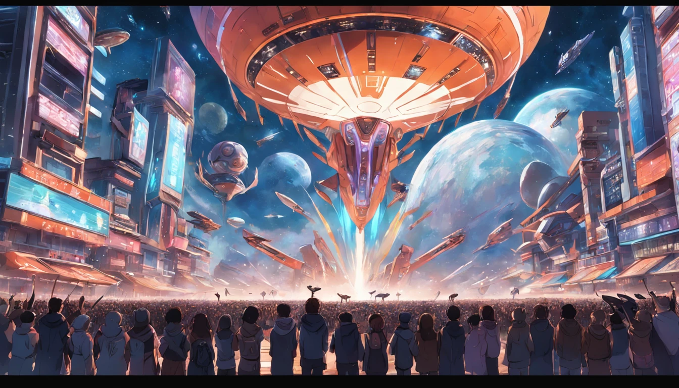 Huge parade of spaceships watched by many friendly human and extraterrestrial spectators from various backgrounds
