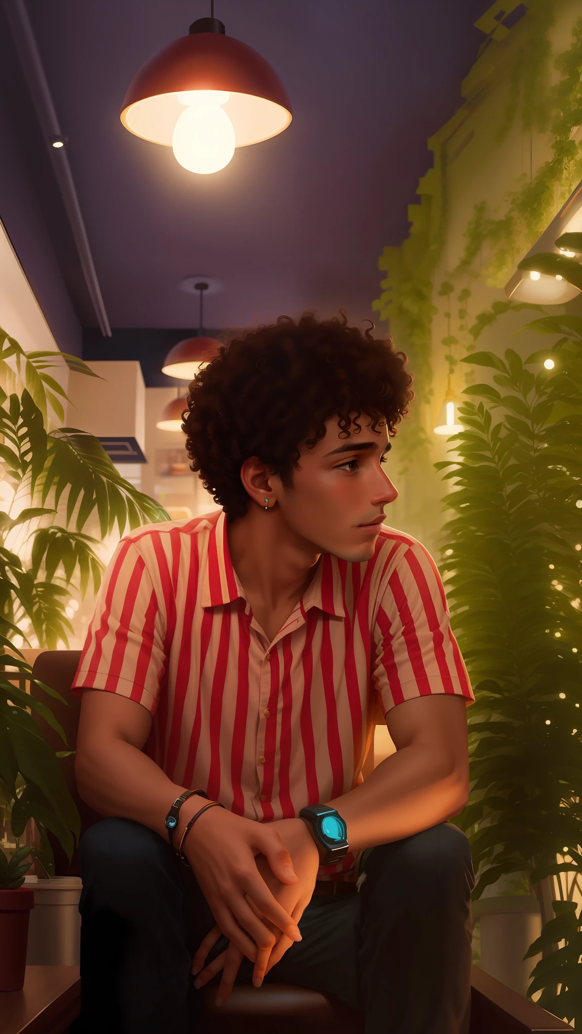 Transform a cozy coffee shop scene with a curly-haired boy sitting in a chair into a futuristic world filled with robots and advanced technology.