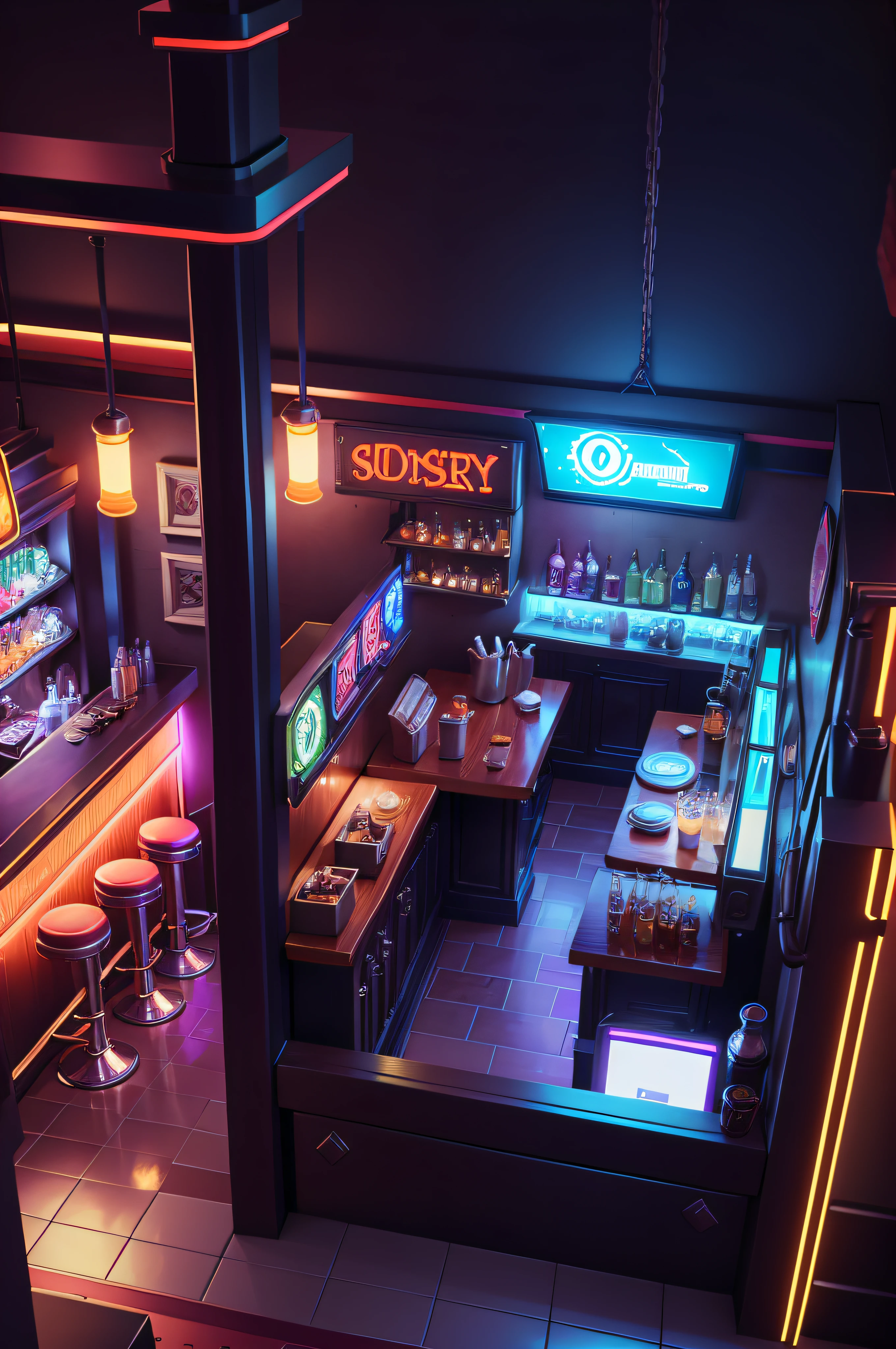 looking from above,90-degree perspective,Cyberpunk speakeasy background, diner background, Bar background, tavern background, Mobile game background, fantasy tavern background, lounge background, Showcase, personal room background, 1128x191 resolution, upscale restaurant,