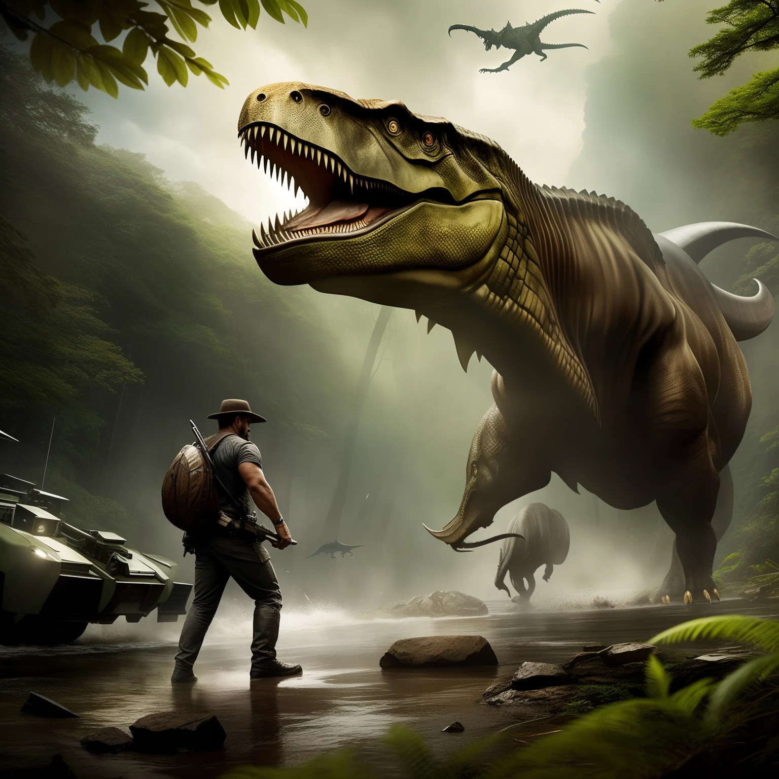 Realistically draw a breathtaking scene in which an audacious man confronts a Tyrannosaurus Rex using only his machine gun as a defense. A luz do sol atravessa a folhagem da floresta, destacando a cena em meio ao verde exuberante. Explore the palpable tension between modern technology and prehistoric antiquity, enquanto o homem enfrenta o predador colossa