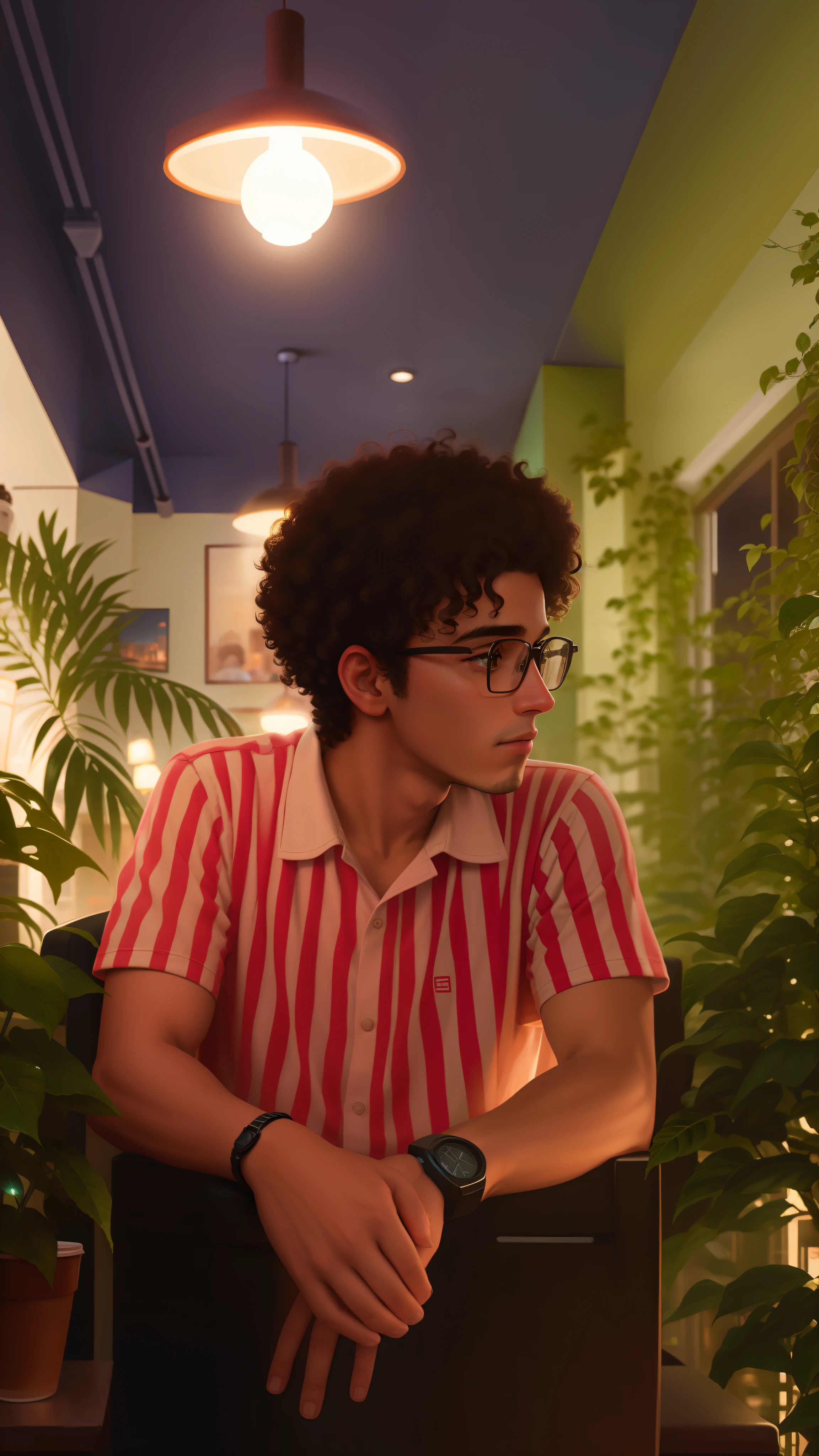 Transform a cozy coffee shop scene with a curly-haired boy sitting in a chair into a futuristic world filled with robots and advanced technology.