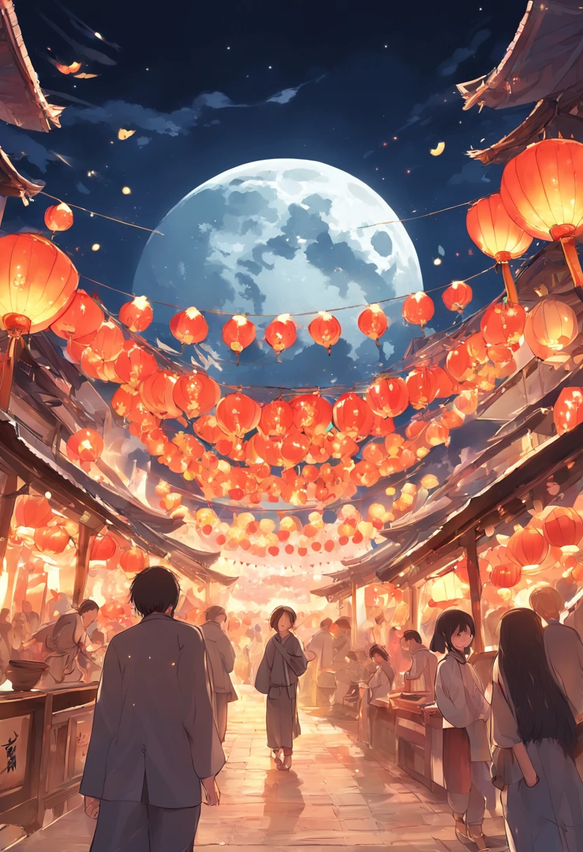 Mid-Autumn Festival、Full moon、themoon、Sun Star、Mooncake stalls、Concert、band、fire works、UAVs、environment friendly、tradit、celebrating、enviroment、The villagers、Plaza、Bamboo lanterns、the night、celebrating、Artistically、device、decor、castoff、save、resource,high definition resolution