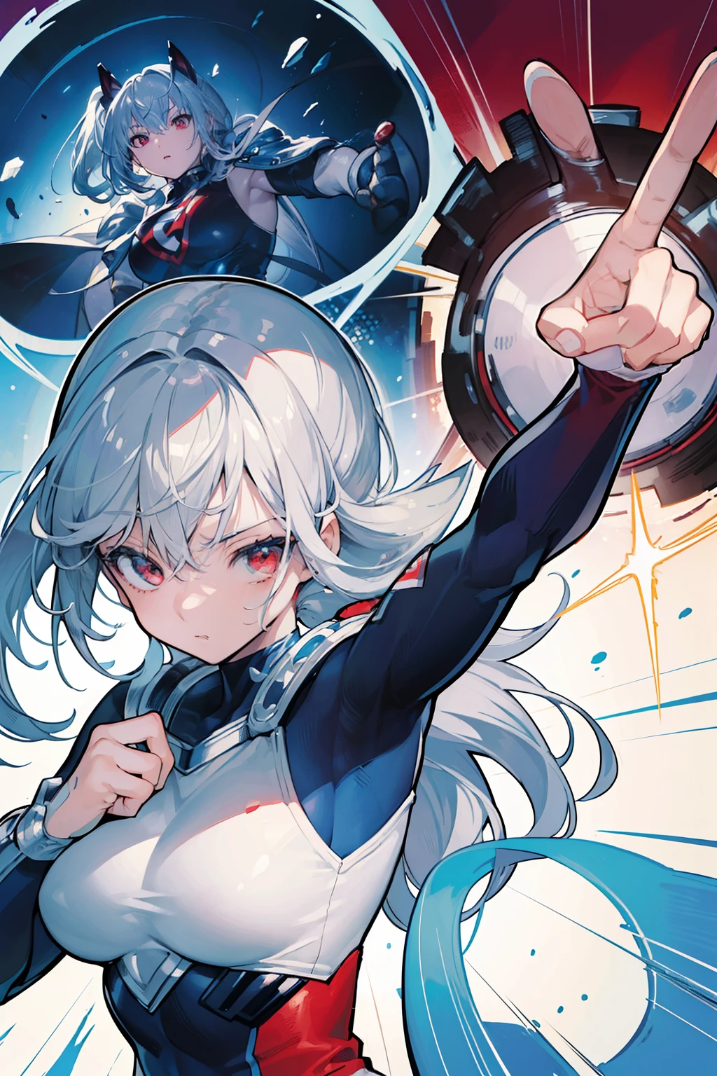 (((top-quality)))、(((ultra-detailliert)))、(((​masterpiece)))、(((comics)))、upper bod、Superhero、action、Dynamic、Voice bubbles、Pow、Strong hit、poneyTail、Silvery hair、red eyes