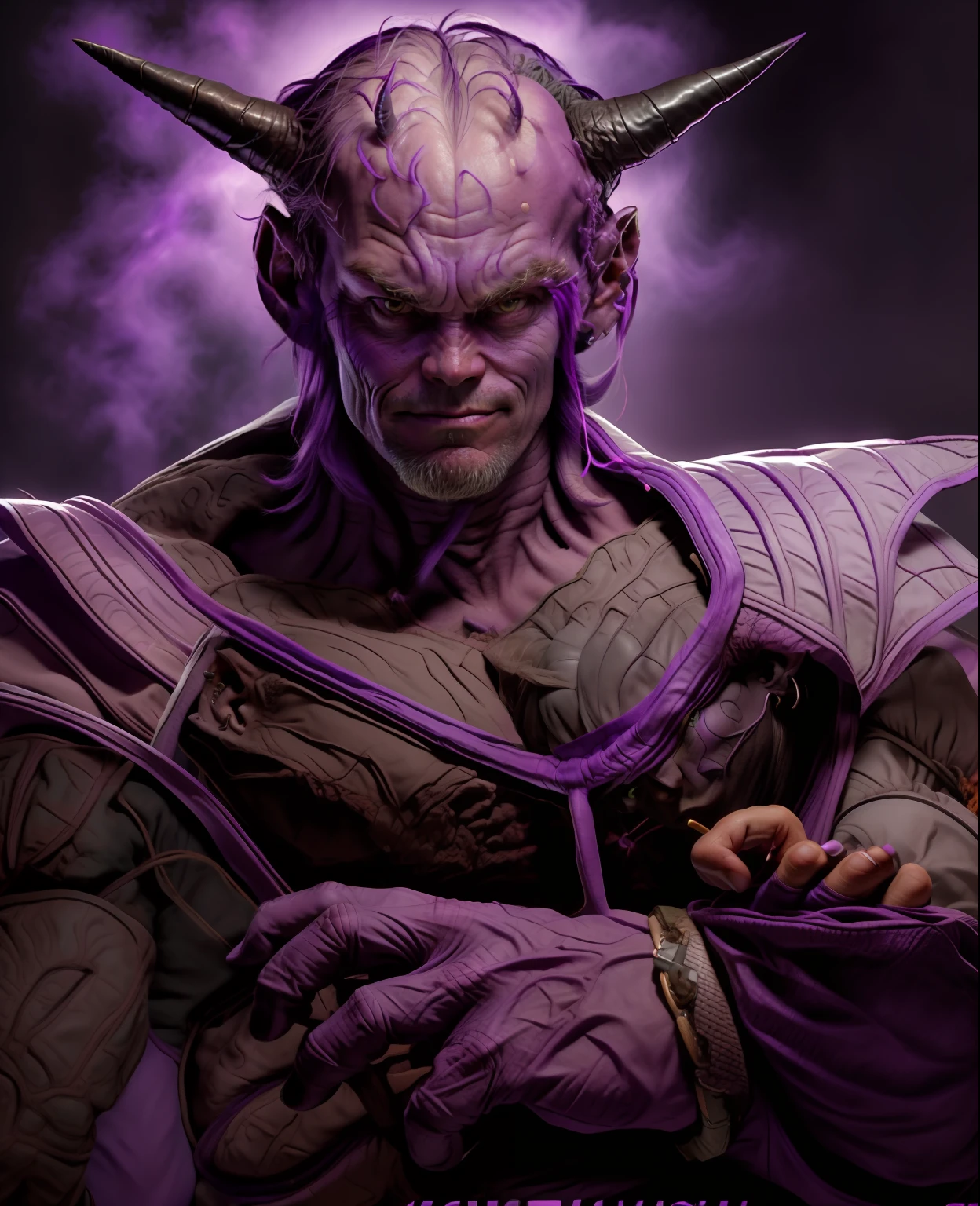 Jim Carrey cast as a purple alien with purple skin and big black horns, big bald veiny brain, sayan armor