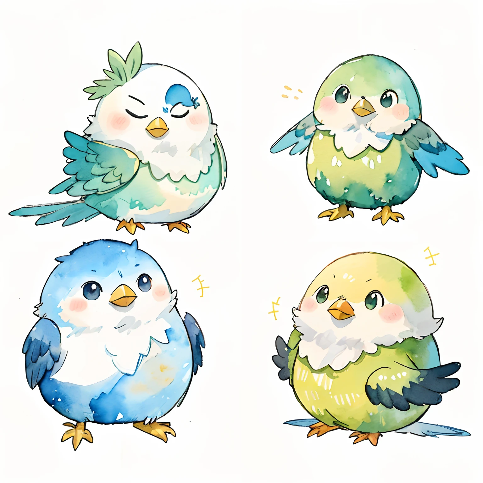 1 bird、cute little、fluffly、Green bird、simple background、white backgrounid、Picture-book style、watercolor paiting