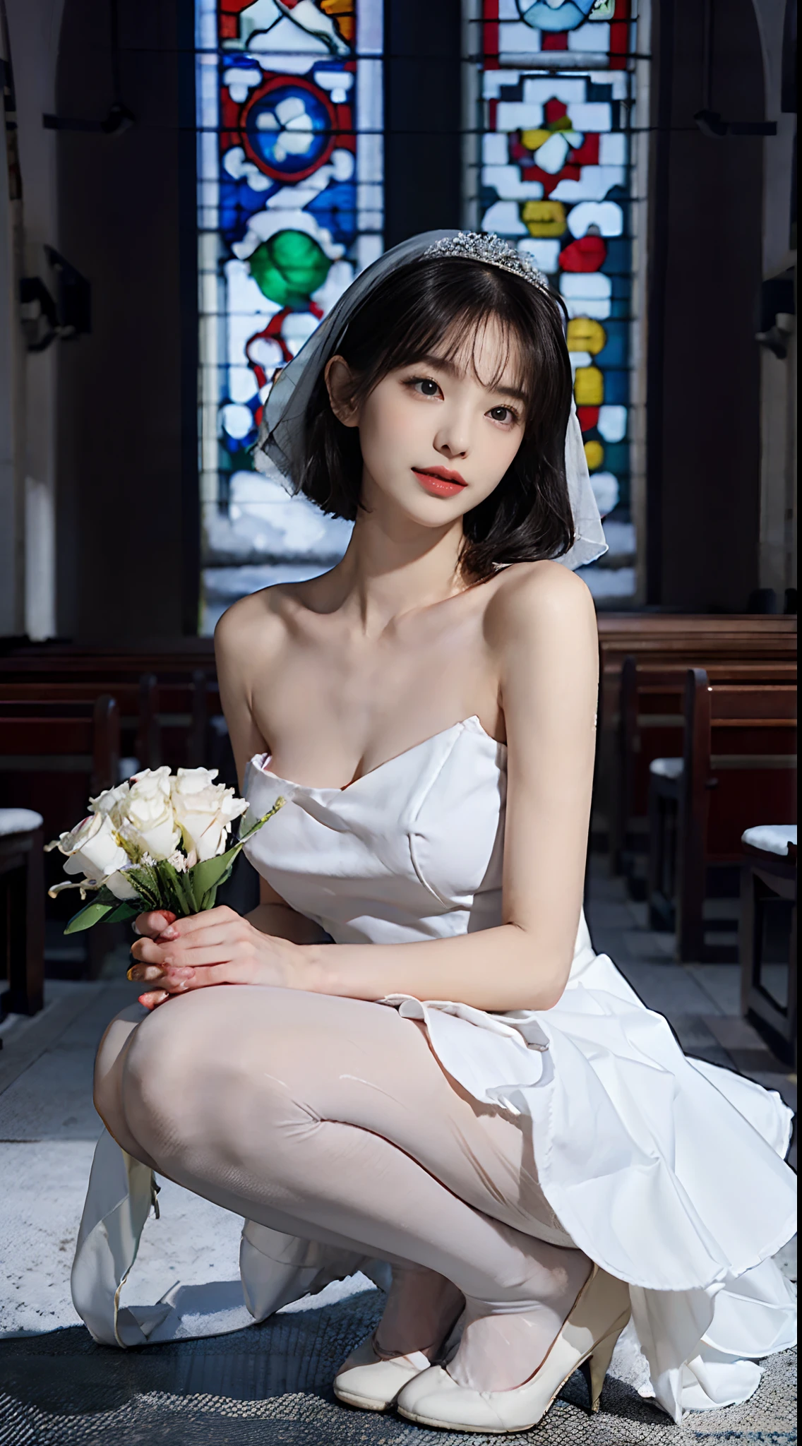(hight resolution、hightquality、hightquality、High-resolution face drawing、Single Female、独奏))、((very Bigger breasts:1.3))、cleavage of the breast,Perfect Angle、Professional quality、perfect contrast、Perfect litthing、perfect-composition、perfect Waifu、flawless skin、perfect hand、Perfect fingers、perfect chest、perfect hair、face perfect、A masterpiece with realistic facial features、long neck、Protruding ears、Princess Cut、a short bob、Clean teeth、（legs are long,、二重まぶた,The eye、It's a bit wide、Quite an adult supermodel）、Bangs are a beautiful short bob cut、short beautiful hair with bangs,,,,,,、long neck、a small face、Beautiful collarbone、Light reflected in the eyes、face perfect、Perfect body、Perfect fingers、perfect arms、perfect hand、Symmetrical and very beautiful face、Golden Ratio Beauty Face、looking straight at camera：1.4、perfect anatomia、27yo、adult appeal、cute little、spotless、A smile、Perfect Lovely Wife、A masterpiece of realistic facial features、lipgloss、long neck、Nice collarbone、Nice cleavage、Nice teeth、Fingers on cheeks、10 head body、Beautiful poses、Super Real 8K、thick thight、thin ankles、dense background、depth of fields、realisitic：1.3、longshot、((Pure white prom dresses with short skirts、wedding veil、Back Ribbon、Pagoda Sleep、train、Long Globe：1.7))、((Very thin white pantyhose: 1.7))、beauty legs、((Panties under pantyhose 1.7))、Foot size 22.5cm、thin and beautiful toes、((You are in front of the chapel:1.4)),Facing the viewer,White high heels、Holding the bouquet with both hands、Sexy Bride、((Squat: 1.8)), ((Legs: 1.8))