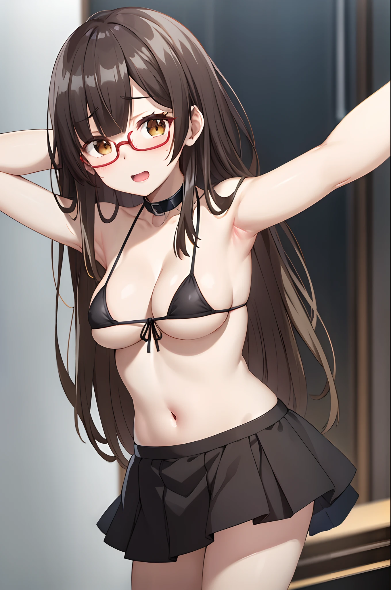 ogiwara sayu, black-framed eyewear, solo, bangs, open mouth, very long hair, straight hair, arms up, one eye closed, (masterpiece:1.6, best quality), (finely detailed beautiful eyes: 1.2), (masterpiece), (best quality), (shiny hair), (shiny skin), (shiny skin), solo, twin tail hair, large breast, big boobs, boob curtain, under boobs, ((upper body)), (micro bikini), presenting armpit, bare shoulder, collar bone, (mole armpit), arm up, beach, selfie, cowboy shot, straightened, arms behind head, hands behind head, arms raised, hands in pockets, standing, ((detachable sleeves), (randoseru)), (side boobs), (bikini)