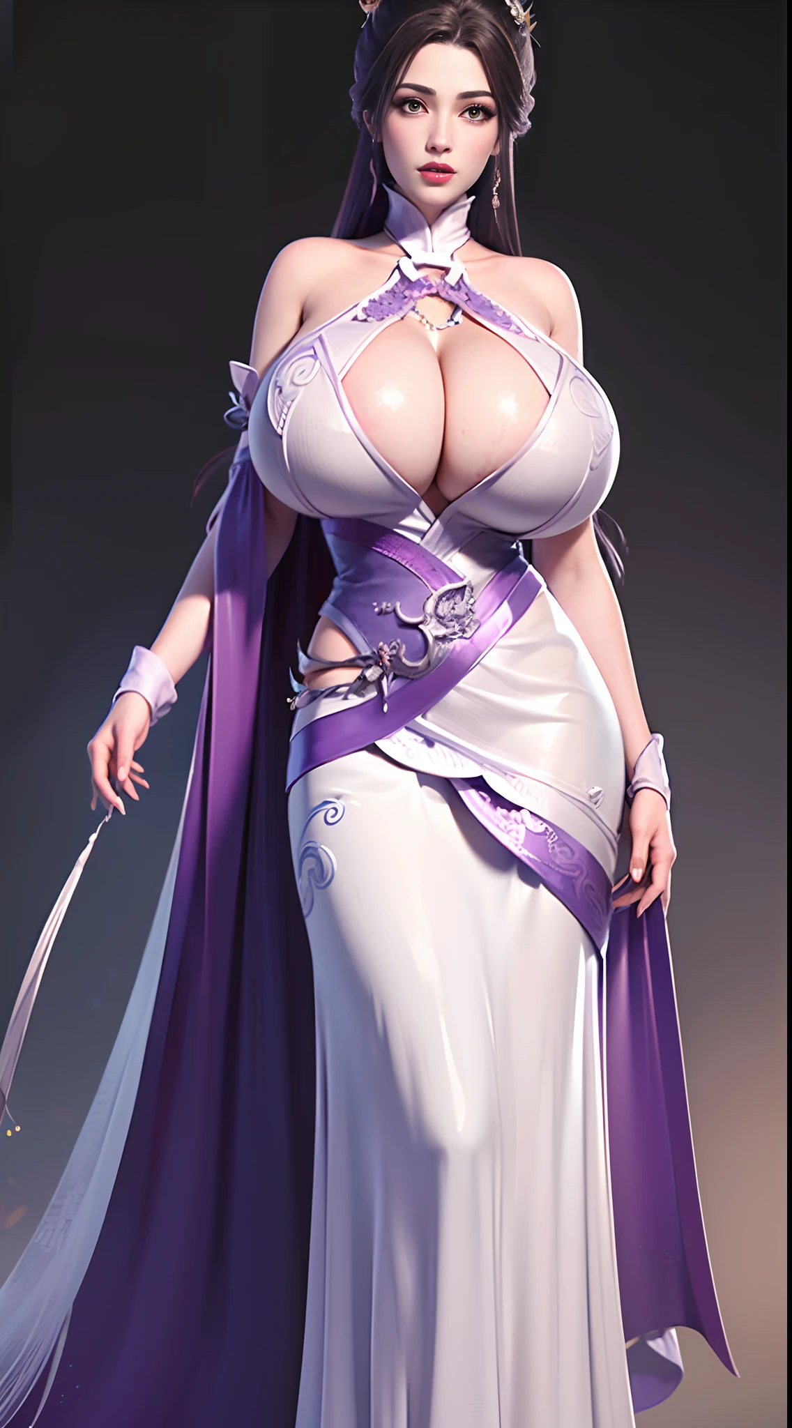 Solo, 1 Beautiful Female, Wuxia World, (1 Girl), (Full Body:1.2), (Xiuxian World), (huge breasts:1.4), (big buttock:1.1), Chinese Immortal Wuxia, (Purple Cross-collared Top, Ancient Long Skirt, Embroidered Cape, Streamer), Brunette Hair, Chinese Coiled Bun, Hairpin, Light Pink Lips, Calm, Intellectual, Delicate Face, Masterpiece, Best Quality, High Quality, High Definition, High Quality Texture, High Quality Shadows, High Detail, Cinematic Light, Side Lighting, Ray Tracing, Sharp Focus, Realistic, Edge Light, Two-tone Light, (Detailed Skin Details: 1.2), 8k uhd, SLR, soft light, high quality, high resolution, (very detailed CG unity 8k wallpaper)