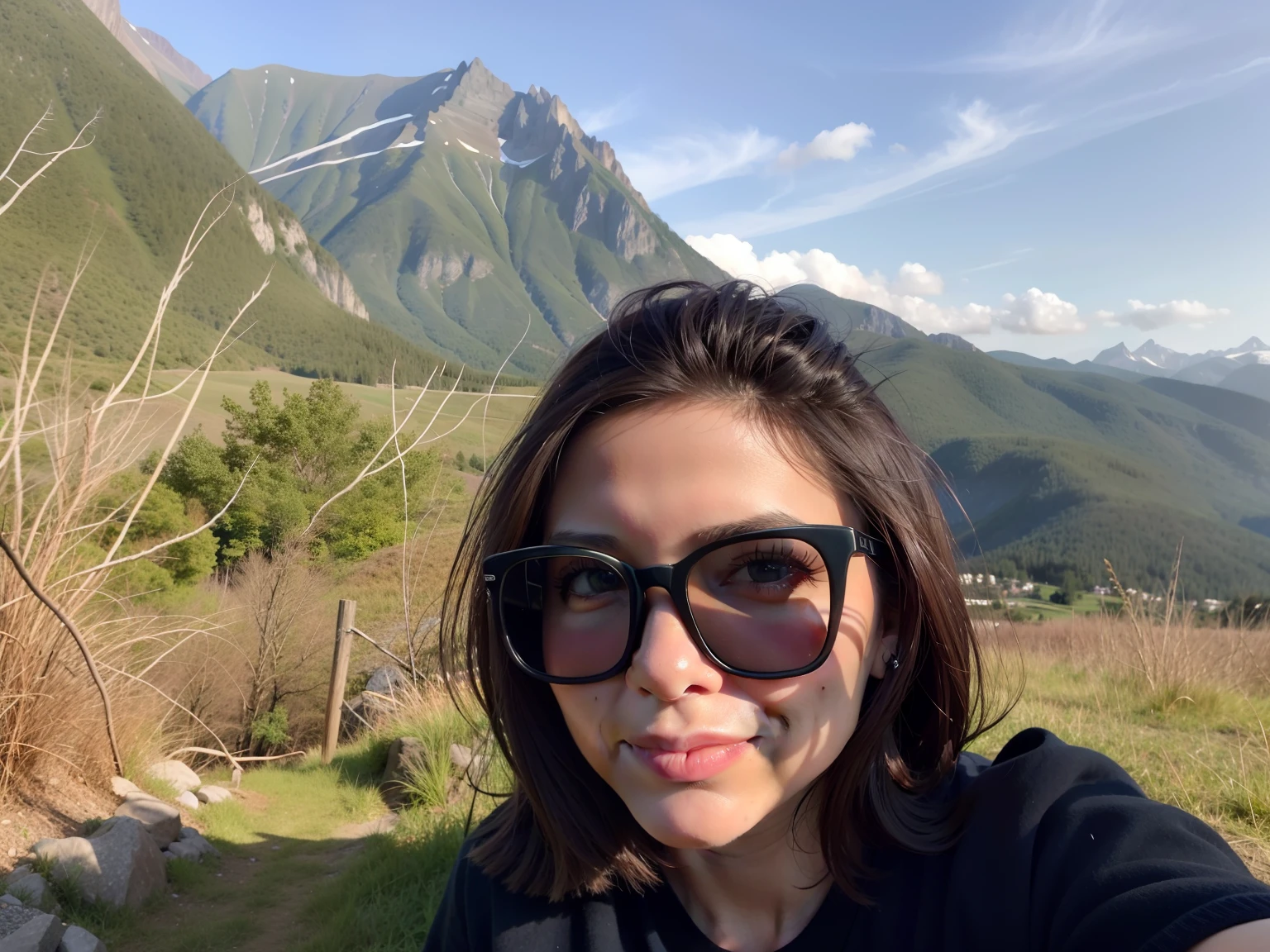 arafed woman taking a selfie with her cell phone in front of a mountain, in mountains, with mountains in the background, with mountains as background, with mountains in background, in the mountains, in front of a forest background, mountains in the background, hills in the background, moutain in background, 30 years old woman, standing in front of a mountain