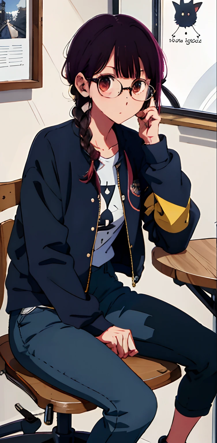 1 girl with black hair, braided hair on both sides, wearing glasses, wearing a horizontal plaid shirt, wearing a dark brown jacket over it, wearing a pair of black pants for easy exercise, a calm face sitting Writing a book on a wooden table, there is a mole under the right eye, next to the girl is a black cat with big yellow eyes staring at the girl's papers.