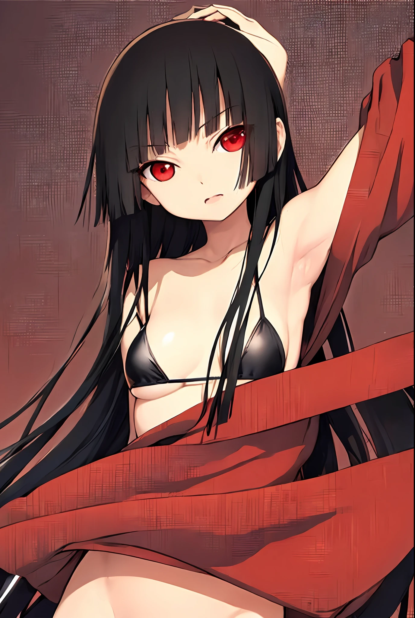 enma_ai, black-framed eyewear, solo, bangs, open mouth, very long hair, straight hair, arms up, one eye closed, (masterpiece:1.6, best quality), (finely detailed beautiful eyes: 1.2), (masterpiece), (best quality), (shiny hair), (shiny skin), (shiny skin), solo, twin tail hair, large breast, big boobs, boob curtain, under boobs, ((upper body)), (micro bikini), presenting armpit, bare shoulder, collar bone, (mole armpit), arm up, beach, selfie, cowboy shot, straightened, arms behind head, hands behind head, arms raised, hands in pockets, standing, ((detachable sleeves), (randoseru)), (side boobs), (bikini)