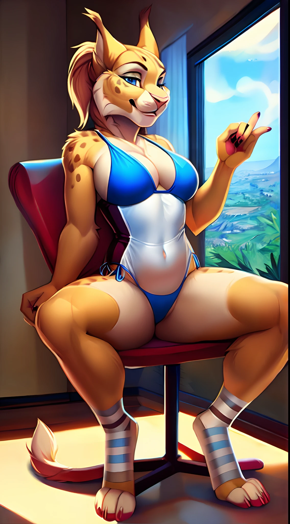 Uploaded on 621, by Pixelsketcher, by Bayard Wu, by Thomas Benjamin Kennington , by Einshelm, by Valkoinen:2, (realistic, ultra realistic):1.8, Jade the bobcat, Linx, female, furry anthro,  long cat ears, pink nose, (Detailed clear aquatic eyes:1.3), fangs, beige brown hair, (long fringes:1.5), ponytail, light tan body, extremely and very intricately detailed face, tuft of skin from the neck, (tomboy), real life, ((portrait)), sitting, spreading legs, dynamic pose, (very long lynx tail:1.4), (detailed lighting by Valkoinen), (fluffy fur), (detailed fur), (detailed skin), (smirk:1.1), perfect face, cinematic lighting, ((detailed office background, table, chair, window)), office, beautiful ambient, wide angle view, (half body shadow:1.3), [[crepuscular ray]], bare belly, discovered belly, navel, extremely and very intricately detailed furry paws with socks, perfect furry legs, perfect paws with socks, very detailed paws with socks, perfect eyes, semi covered ass, bottomless, [detailed ambient light], [gray natural lighting], [ambient light on the belly], (higher office and window detail), indoors, cityscape view and skyscrapers, [realistic proportions], [sharp focus], (shaded), ((masterpiece)), (((((wearing a sexy one piece bikini and striped socks, very sexy one piece bikini and striped socks, sexy one piece bikini and striped socks, one piece bikini and striped socks, sexy striped socks, extremely and intricately detailed femboy striped socks, extremely and very intricately detailed bikini, furry pawpads, perfect pawpads, professional drawn pawpads))))), (looking at the viewer, ((presenting, no panties, without underwear, no underwear, bottomless, bare ass, extremely and very detailed furry toes, perfect toes, perfectly drawn toes)))