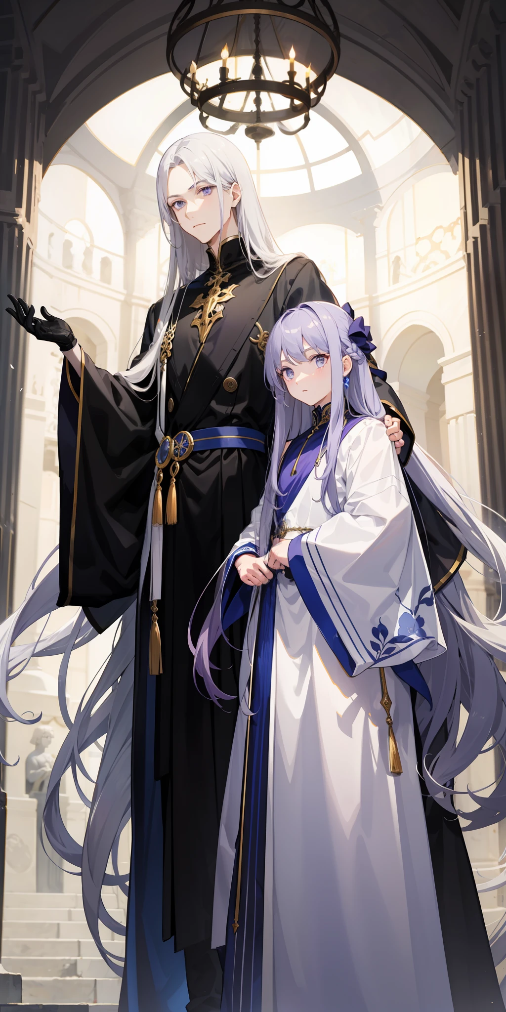 1male people、AS-Adult、Tall，Elegant and slender man，long  white hair，middle parted bangs，long hair flowing，Very Long voluminous Hair，ancient wind，ancientry，Blue-purple eyes