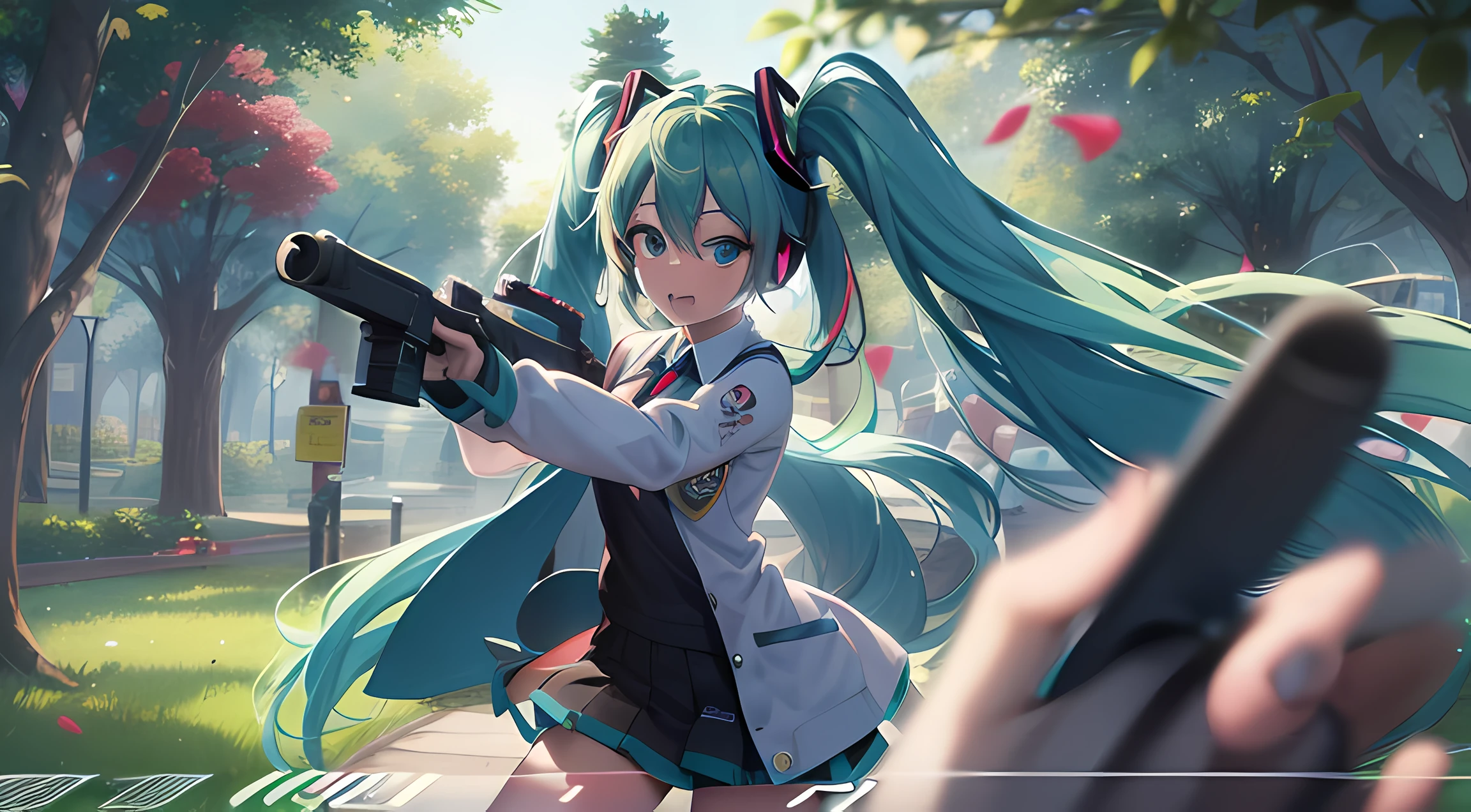 1 girl,hatsune miku, pistola, en el parque, Uniforme de escuela secundaria, Operaciones Especiales, Cinematic action, Buscando enemigo