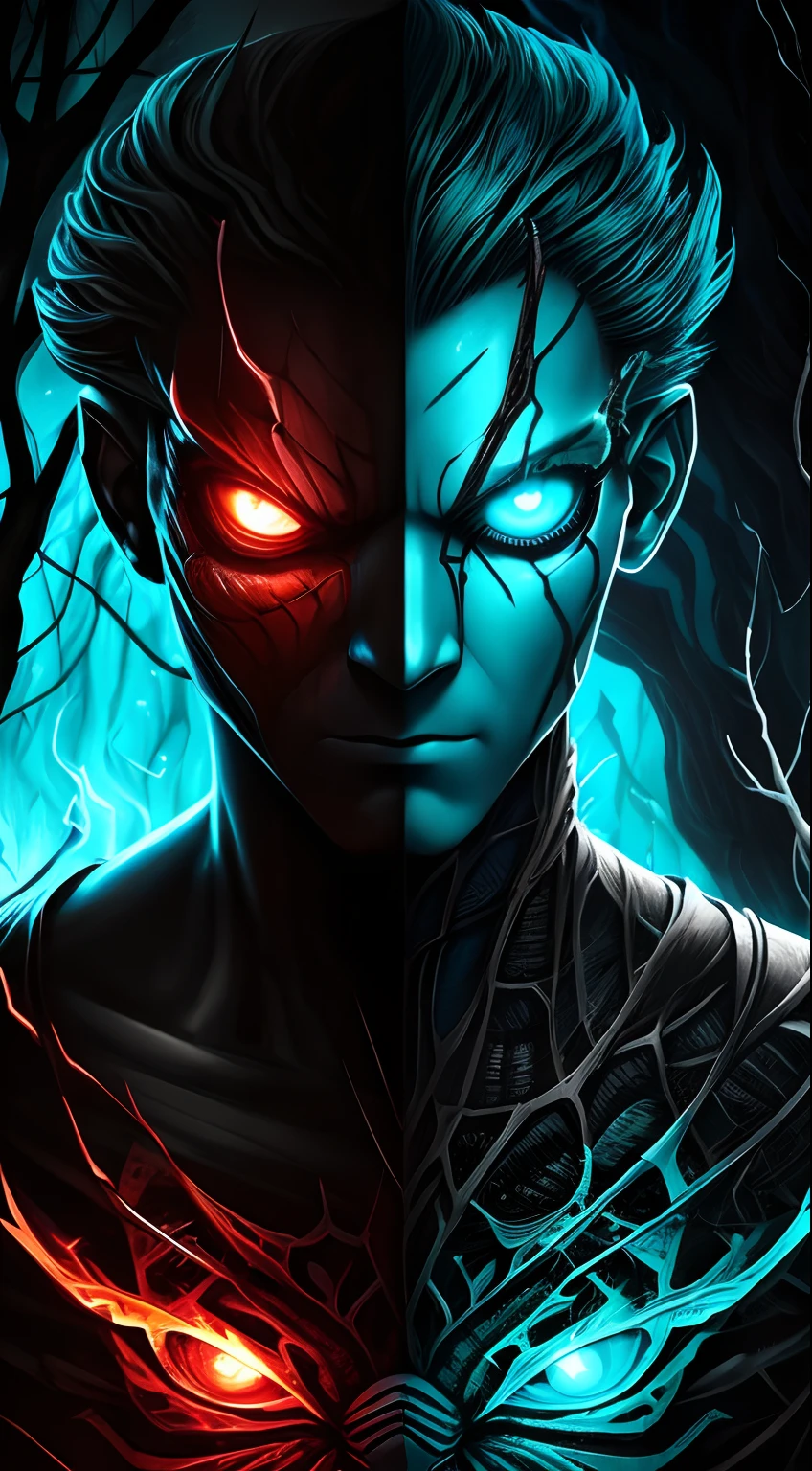 A cyan face split，Humanoid boy with red eyes，In twisted tree technique style，Made of insects，Burning/char，Process design，Supernatural creatures，Realistic characters，Underground fireflies，Spider totem，Cool and crazy look，The background of the war