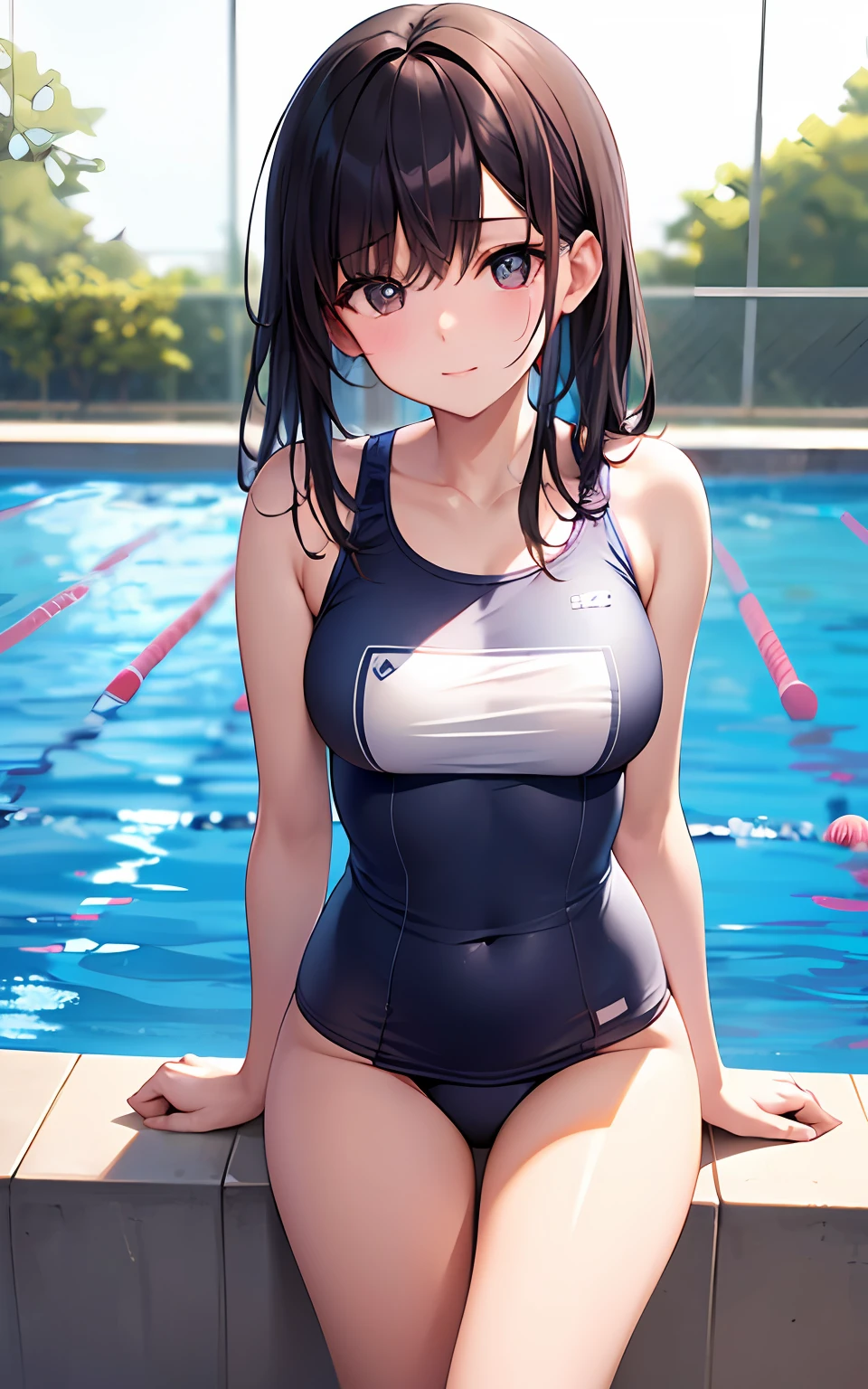 Best Quality, Detailed, 8K, 4K, Detailed beautiful girl, top-quality, hight resolution, hi-school girl、Smooth skin, tits out, NSFW, school swimming pool、Wearing a school swimsuit、are out、