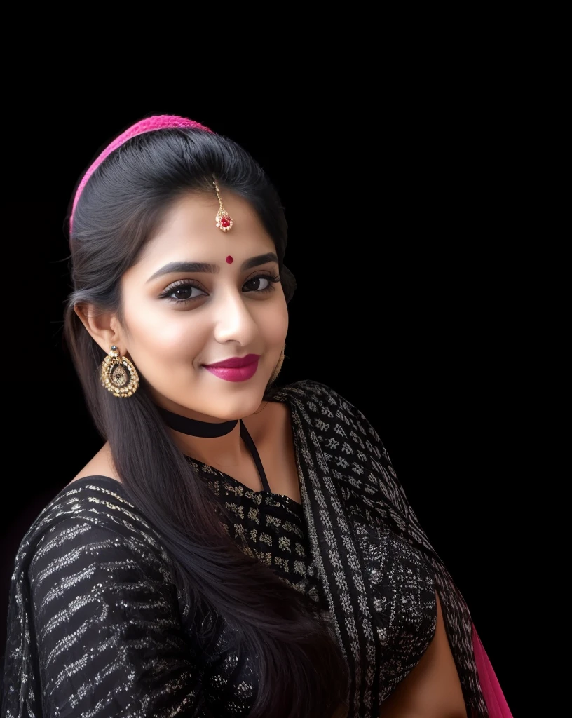 RAW photo, face portrait photo of beautiful 26 y.o woman, cute face, wearing black white sari, happy face, hard shadows, cinematic shot, dramatic lightin, big boobs, long hair, dramatic background, dark pink lips, sexy figure , multi color background