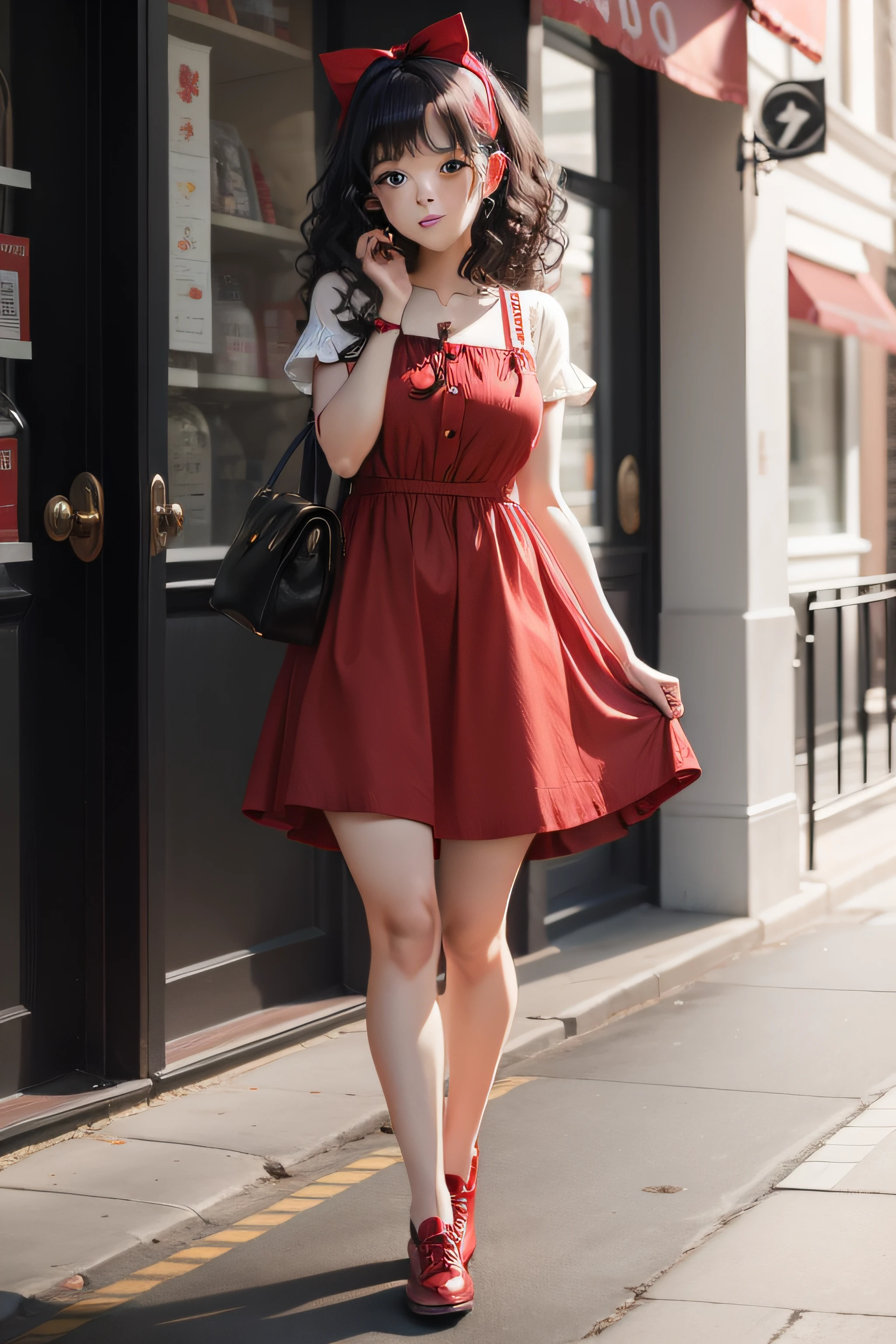 Cute girl, black curly hair,red hair band, red and white dress, red shoes