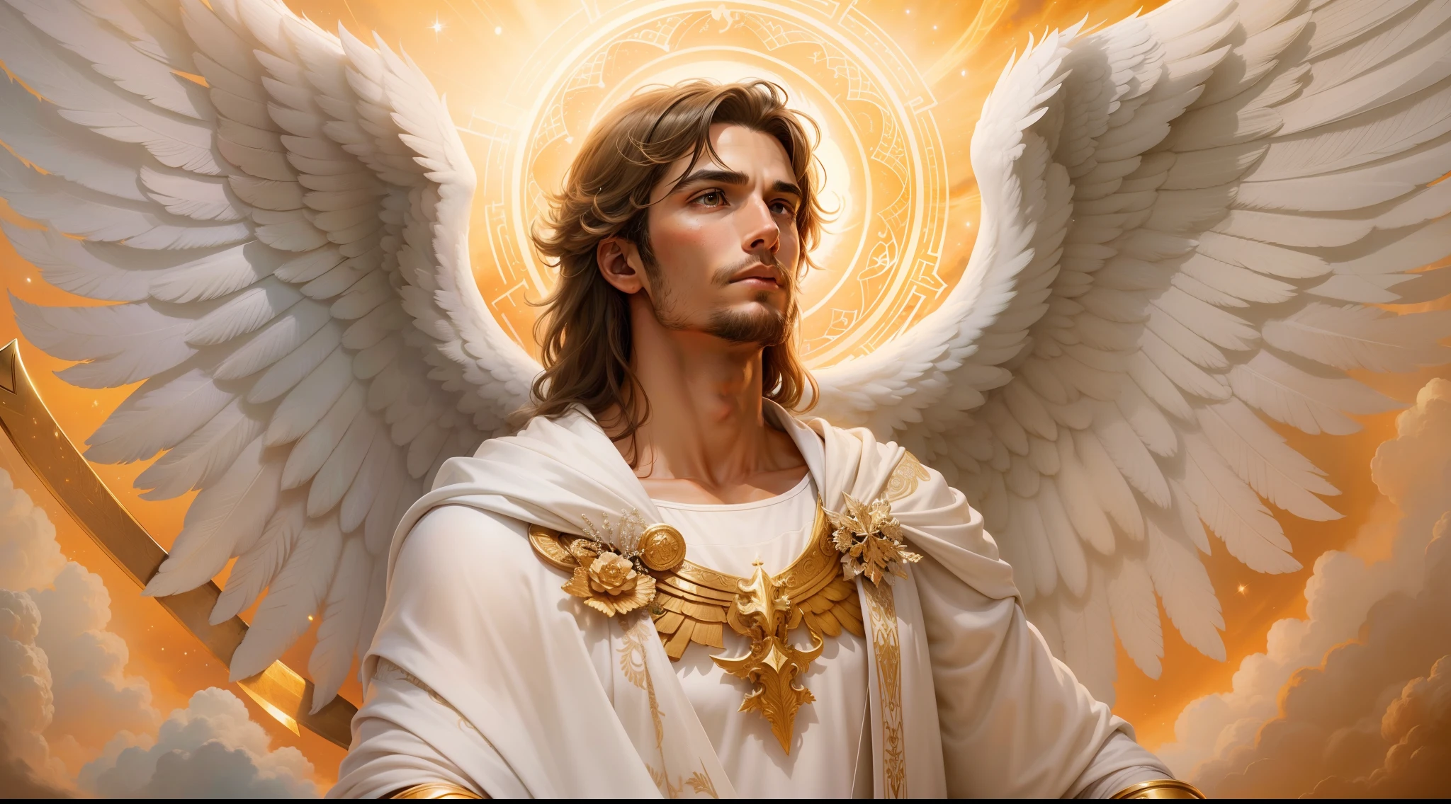 There is a painting of a beautiful angel with large wings in the sky, Anjo majestoso de corpo inteiro, vestido com roupas brancas e vermelhas, biblical accurate angel, Arcanjo Miguel, anjo protegendo em guarda, angel spirit guide, angelic, Arcanjo Miguel, humano alado, epic angel wings, anjo lindo, anjo, being brilliant angelic, angelic, Tema de anjo, Alto Anjo tiro distante, Biblical setting, anjo guerreiro, with a spear in his hand, vestes vermelhas estilo soldado romano, anjo aparentando idade de 40 anos e majestoso, um personagem masculino, o arcanjo Miguel, imagem celestial, detalhes intricados, realista, asas ROSAS e grandes, angelic background, Catholic illustrative image of the archangel Michael, Male character of the Bible, Michael is wearing his angelic armor, cosmic background, Illumination in the Archangel and in the background, imagem do corpo todo do anjo, Maximum detail and his angelic face and wings, pele perfeita realista, Maximum image quality, Miguel ele esta destacado na imagem com cores fortes e chamativas. with a spear in his hand