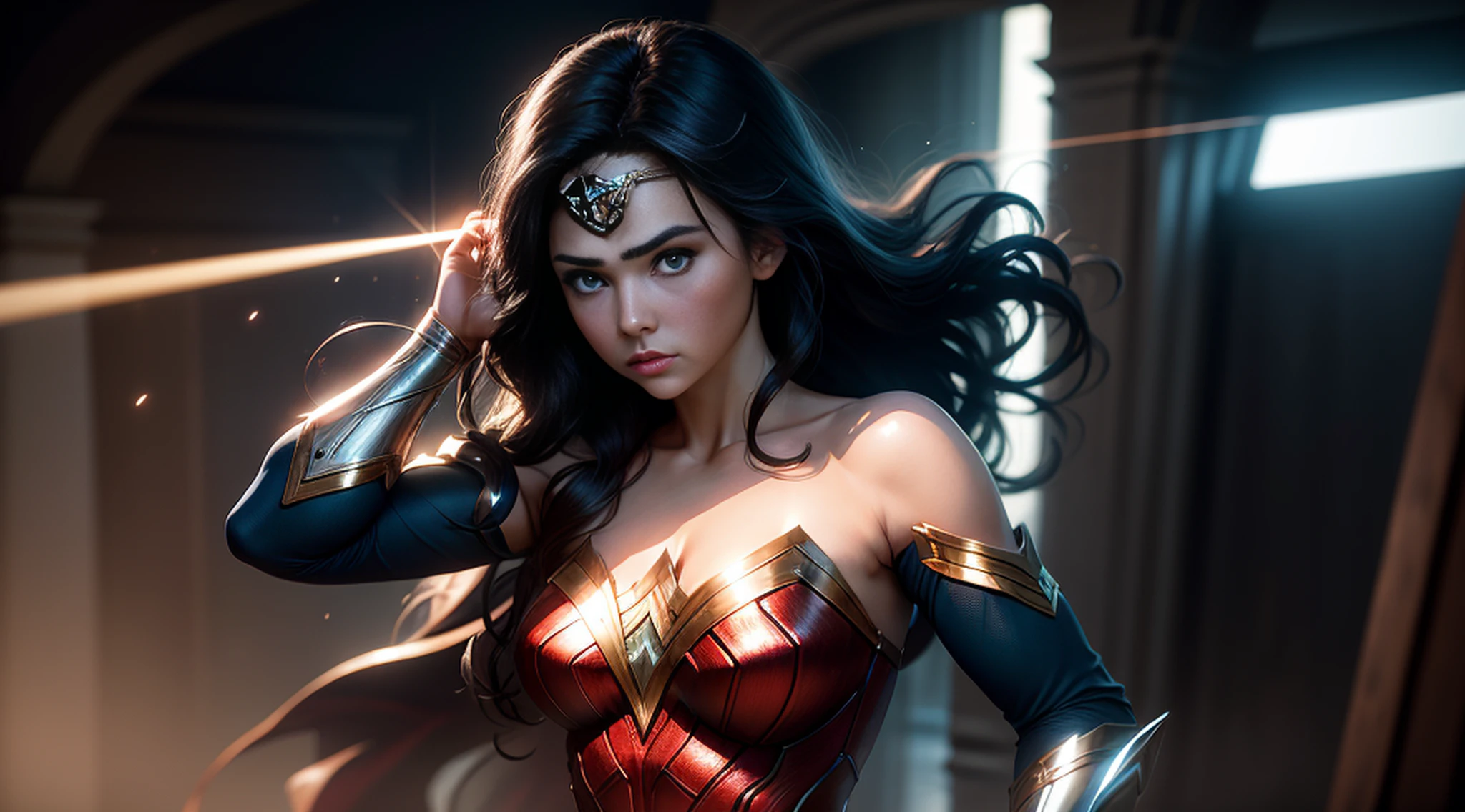 Beautiful woman, blue eyes,jim lee, wonder woman, 1girl, armband, black hair, brown eyes, circlet, lasso of truth, long hair, ((masterpiece)) Wonder Woman, Flying, Lasso of Truth, Uniform, Wonder Woman Costume, Cinematic, Photoshoot, Shot on 25mm lens, depth of field, tilt blur,
1/1000 shutter speed, f/22, white balance, 32k, super res, Pro Photo RGB, Half Backlight, Backlight, Dramatic Lighting, Incandescent, Soft Lighting,
Volumetric, Conte-Jour, Global Illumination, Screen Space Global Illumination, Scattering, Shadows, Rough, Shimmering, Lumen Reflections,
Screen Space Reflections, Diffraction Grading, Chromatic Aberration, GB Offset, Scanlines, Ambient Occlusion, Anti-aliasing, FKAA, TXAA, RTX,
SSAO, OpenGL-Shader's, Post-processing, Post Production, Cell Shading, Tone Mapping, CGI, VFX, SFX, insanely detailed and intricate, hyper maximalist,
elegant, dynamic pose, photography, volumetric, ultra-detailed, intricate details, super-detailed, jim leeambient –uplight –v 4 –q 2