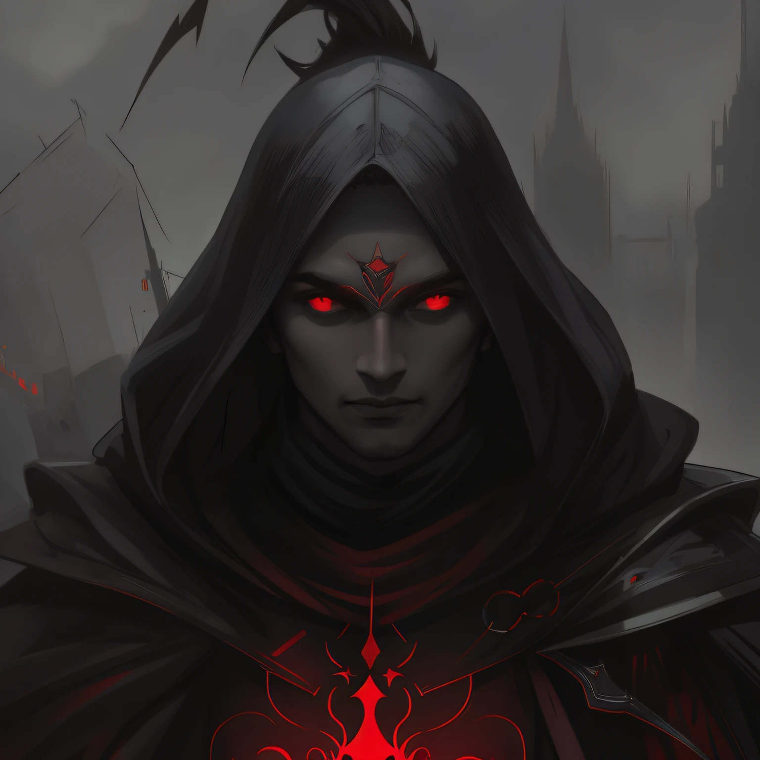 a close up of a elf male with red light eyes, dark fantasy style art, dark cloaked necromancer, painted in the style arcane, portrait of a female necromancer, dark fantasy character design, dark hooded wraith, occultist, in style of dark fantasy art, portrait of the necromancer