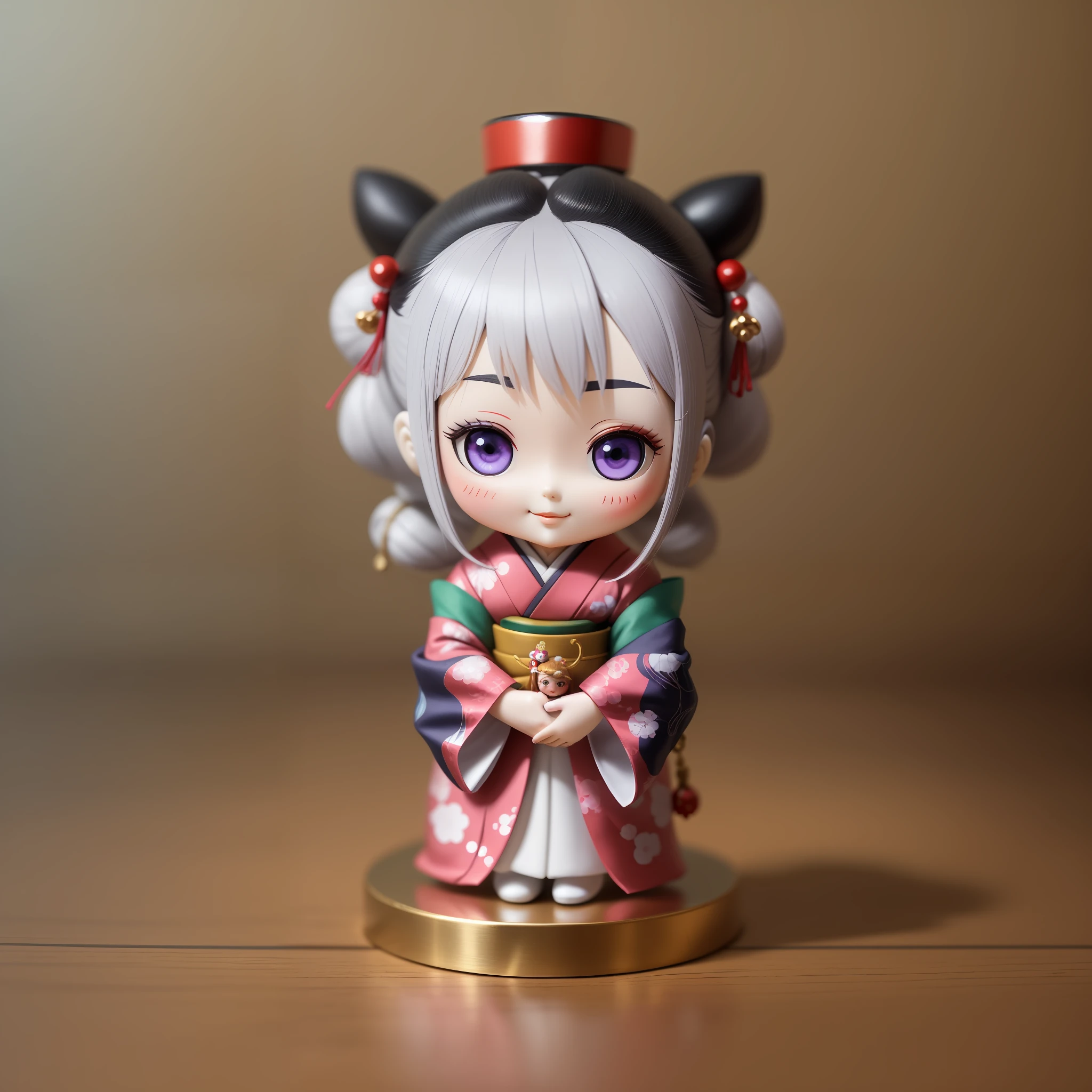 A small anime doll, Depiction of geisha, Inside the blind box, Place on a small pedestal, On a clean white background, Artificial light lighting. The artwork is of top-notch photographic quality, Capture every intricate detail of anime dolls.purpleish color,ssmile