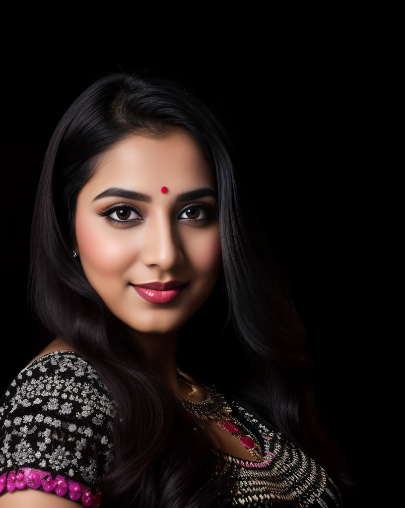 RAW photo, face portrait photo of beautiful 26 y.o woman, cute face, wearing black white sari, happy face, hard shadows, cinematic shot, dramatic lightin, big boobs, long hair, dramatic background, dark pink lips, sexy figure , multi color background, tajmahal background