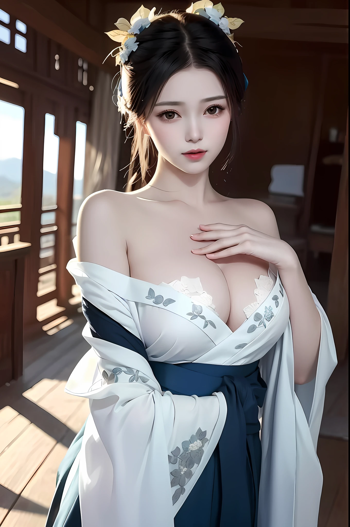 arafed asian woman in a blue and white dress posing for a picture, a beautiful fantasy empress, Palace , A girl in Hanfu, Japanese goddess, gorgeous chinese models, ((a beautiful fantasy empress)), beautiful fantasy maiden, White Hanfu, Beautiful teenage girl, beautiful and seductive anime woman, Ethereal beauty, Beautiful goddess, Chinese fantasy, Traditional beauty, Oriental fantasy