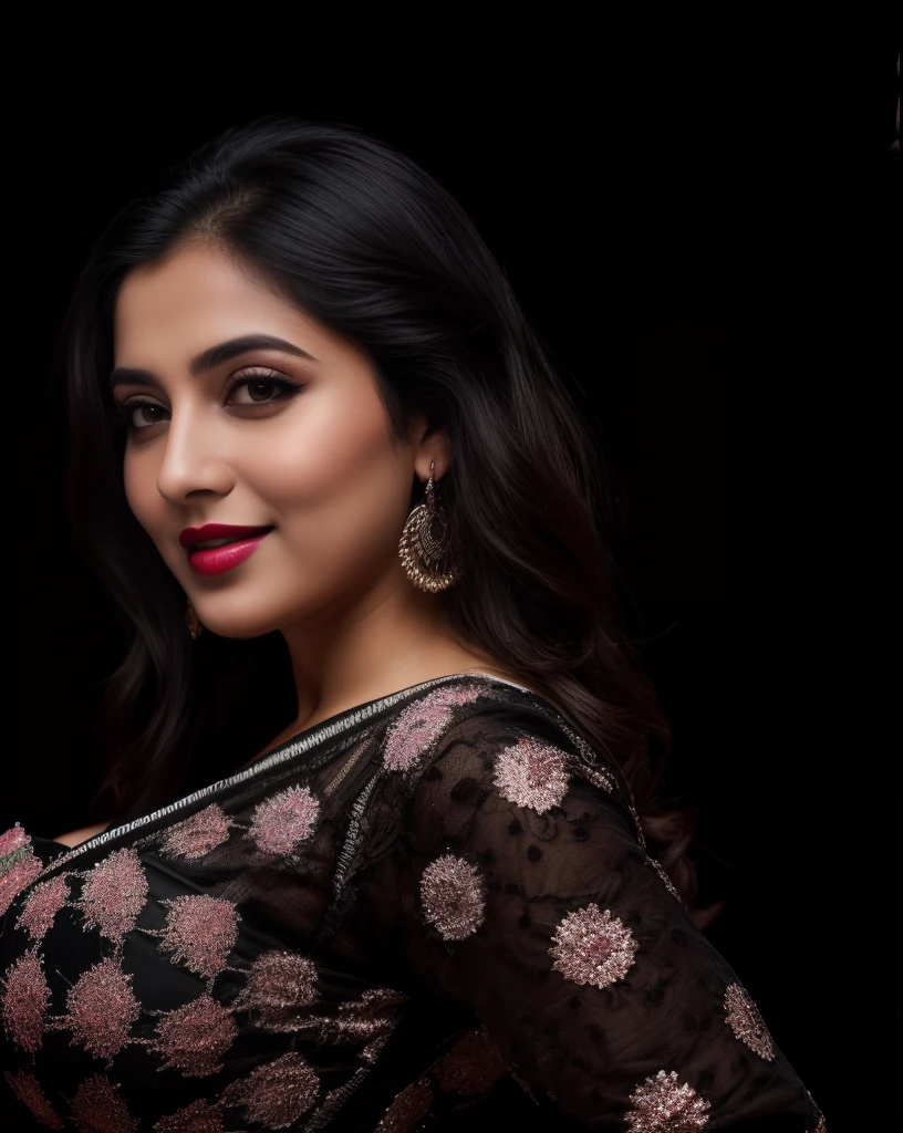 RAW photo, face portrait photo of beautiful 26 y.o woman, cute face, wearing black white sari, happy face, hard shadows, cinematic shot, dramatic lightin, big boobs, long hair, dramatic background, dark pink lips, sexy figure , multi color background, tajmahal background