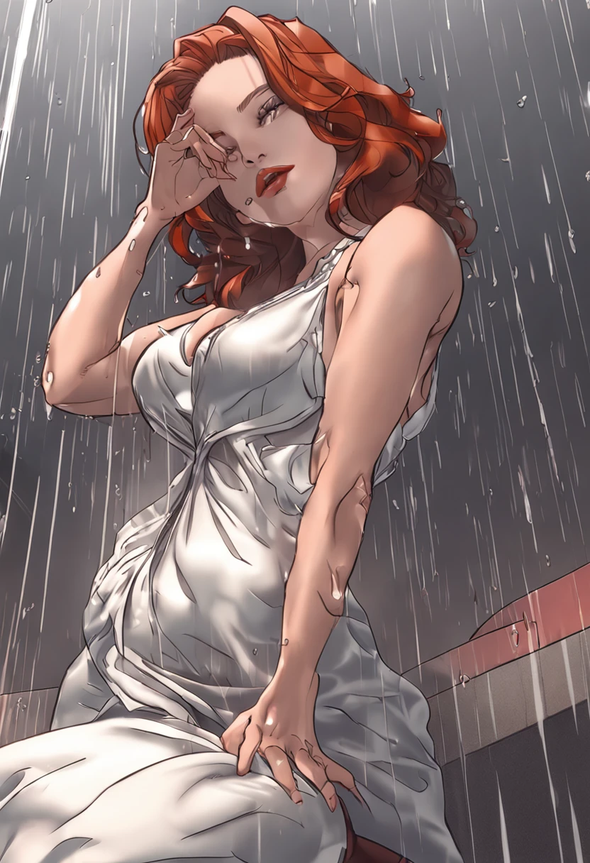 Women and men slapping together and having sex (Best quality, 4k, Masterpiece :1.3), beautiful woman, hyper realistic, 1girl, (droopy breasts, attractive body :1.2), sit-ups :1.1, short red hair: 1.1, (wet rain, wet by rain, wet body :1.2), ultra-detailed face, detailed lips, detailed eyes, double eyelid, sensual low-necked dress, open neckline, hanging breasts, side pose, visible curves, in the gym, silver transparent robe, sunglasses, muscular turned leg