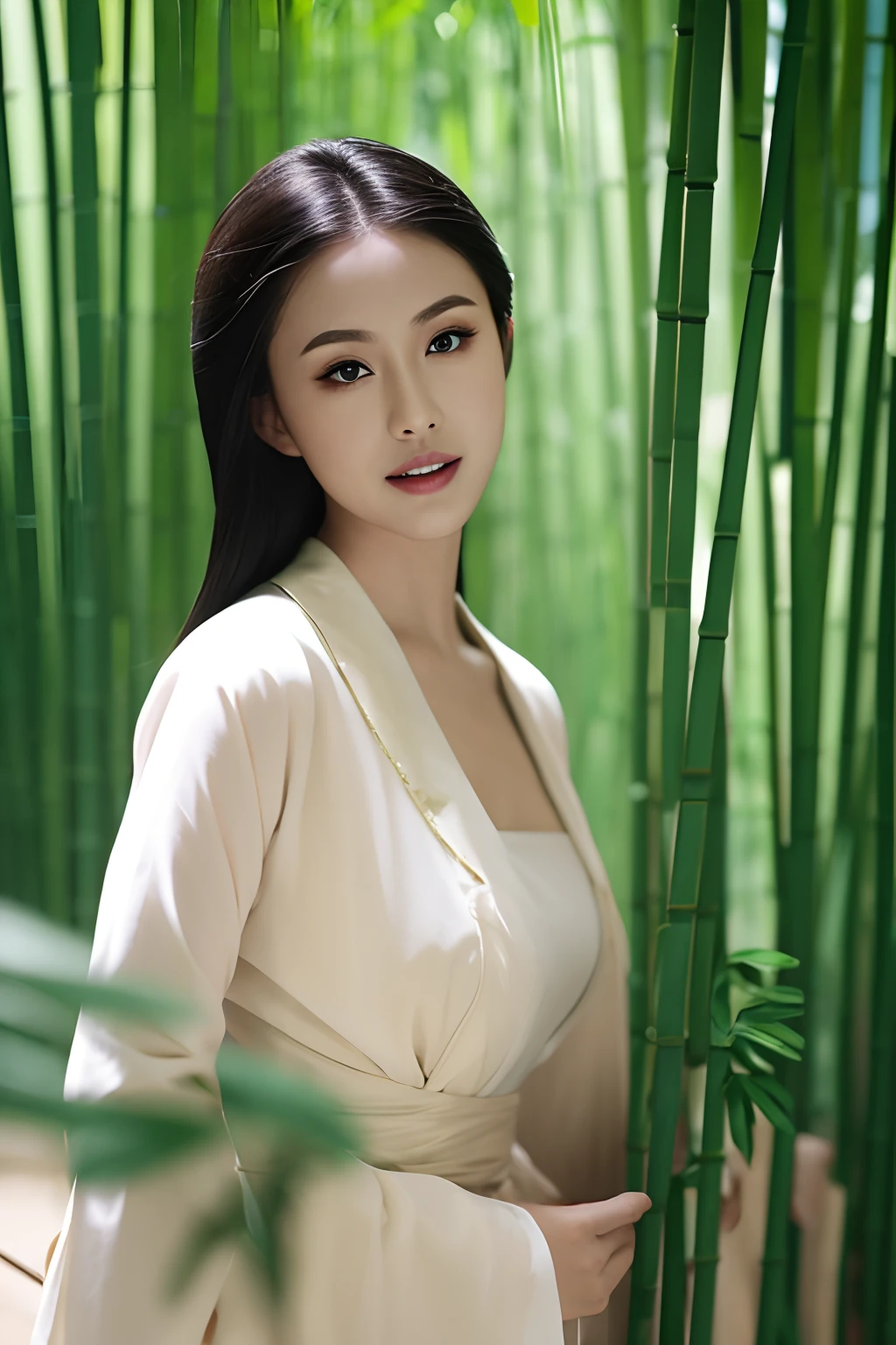 Wearing a white wet translucent kimono、Realistic Japan woman in bamboo bushes, beautiful japanese female, beautiful japanese female, goddess of Japan, Beautiful Japan Female Face、Tie up your hair、Inserting kanzashi、A MILF、Sexy Japan woman、A 40-year-old woman、Looking at the camera、facing front