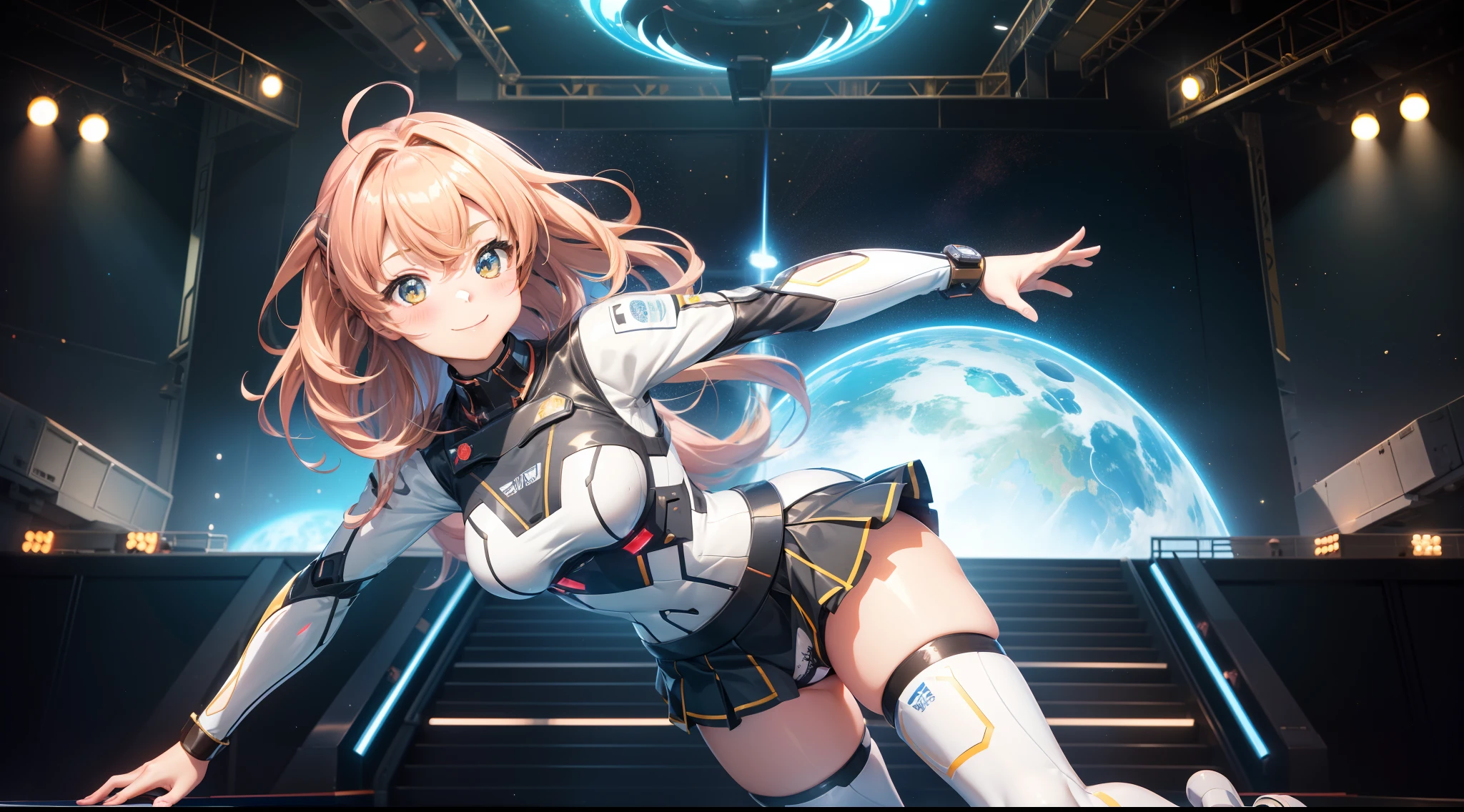 Anime-style illustration、Live scene of school idols、(((Cute beautiful girl is posing vividly on futuristic stage)))、ＳＦAn idol costume that fits the body like a spacesuit that appears in anime。a miniskirt、Colorless transparent panties、A mechanical future stage floating in outer space、Archaic Smile