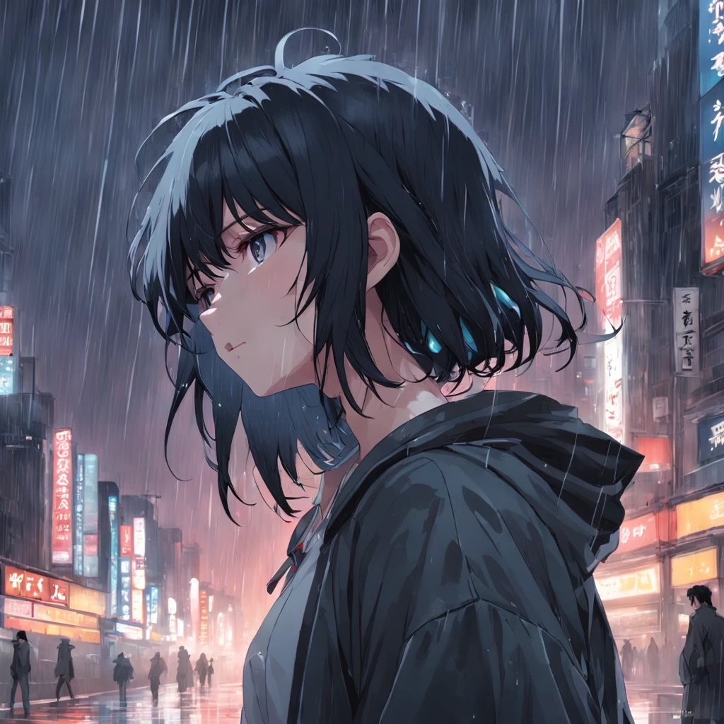 Anime girl in the rain, 1male people, Wide black hair, 4k anime wallpapers, There are no boys after the rain, Anime Boy Profile, manga wallpaper 4k, Anime wallpaper 4K, 4k anime wallpapers, Artwork in the style of Guweiz, Badass anime 8K, Anime art wallpaper 4k, Anime art wallpaper 4k, rainy evening, Anime art wallpaper 8k, Very detailed background on city rooftops, platforms, with city view, Detal Face, Detailed complex occupancy background, disorderly, splendid, milkyW, highly detailedskin, Realistic details of skin, pores visible, Clear focus, volume fog, 8K UHD, Digital SLR, high high quality, filmgrain, with fair skin, Foto realism, DL, futuristic dystopian megalopolis, Translucent