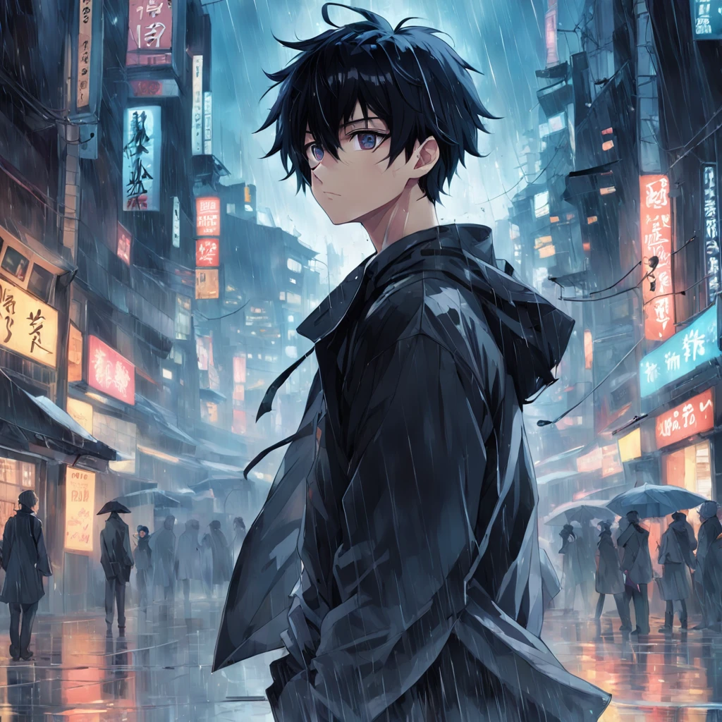 Anime girl in the rain, 1male people, Wide black hair, 4k anime wallpapers, There are no boys after the rain, Anime Boy Profile, manga wallpaper 4k, Anime wallpaper 4K, 4k anime wallpapers, Artwork in the style of Guweiz, Badass anime 8K, Anime art wallpaper 4k, Anime art wallpaper 4k, rainy evening, Anime art wallpaper 8k, Very detailed background on city rooftops, platforms, with city view, Detal Face, Detailed complex occupancy background, disorderly, splendid, milkyW, highly detailedskin, Realistic details of skin, pores visible, Clear focus, volume fog, 8K UHD, Digital SLR, high high quality, filmgrain, with fair skin, Foto realism, DL, futuristic dystopian megalopolis, Translucent