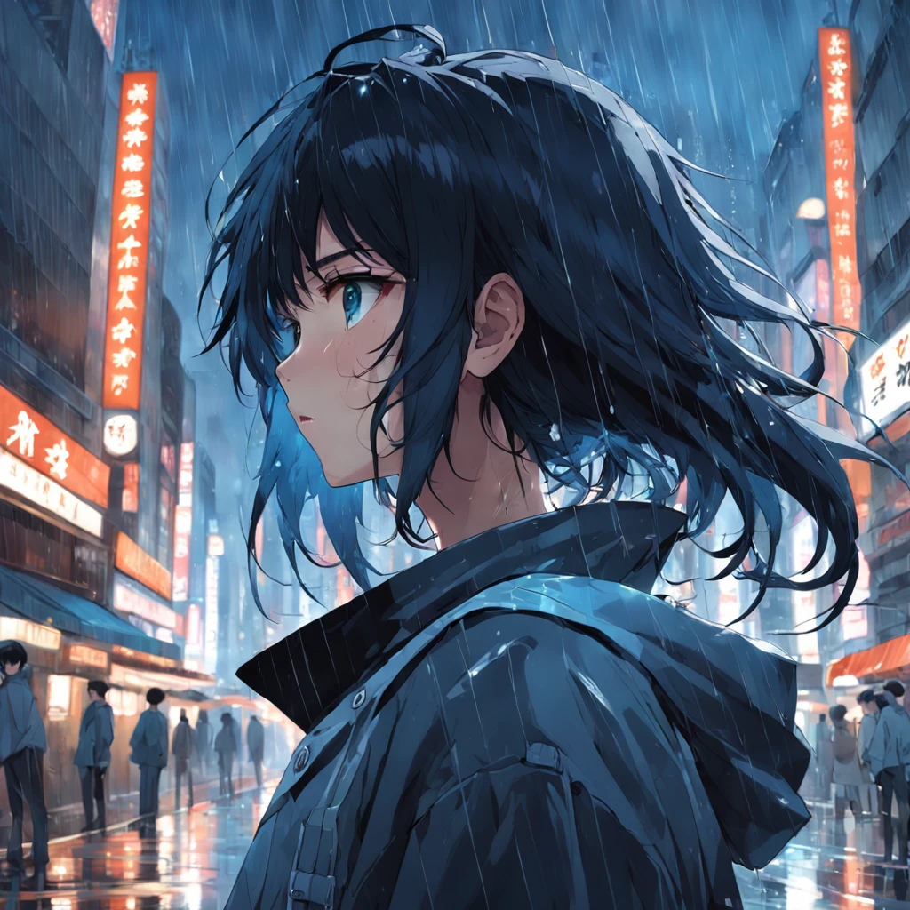 Anime girl in the rain, 1male people, Wide black hair, 4k anime wallpapers, There are no boys after the rain, Anime Boy Profile, manga wallpaper 4k, Anime wallpaper 4K, 4k anime wallpapers, Artwork in the style of Guweiz, Badass anime 8K, Anime art wallpaper 4k, Anime art wallpaper 4k, rainy evening, Anime art wallpaper 8k, Very detailed background on city rooftops, platforms, with city view, Detal Face, Detailed complex occupancy background, disorderly, splendid, milkyW, highly detailedskin, Realistic details of skin, pores visible, Clear focus, volume fog, 8K  UHD, Digital SLR, high high quality, filmgrain, with fair skin, Foto realism, DL, futuristic dystopian megalopolis, Translucent