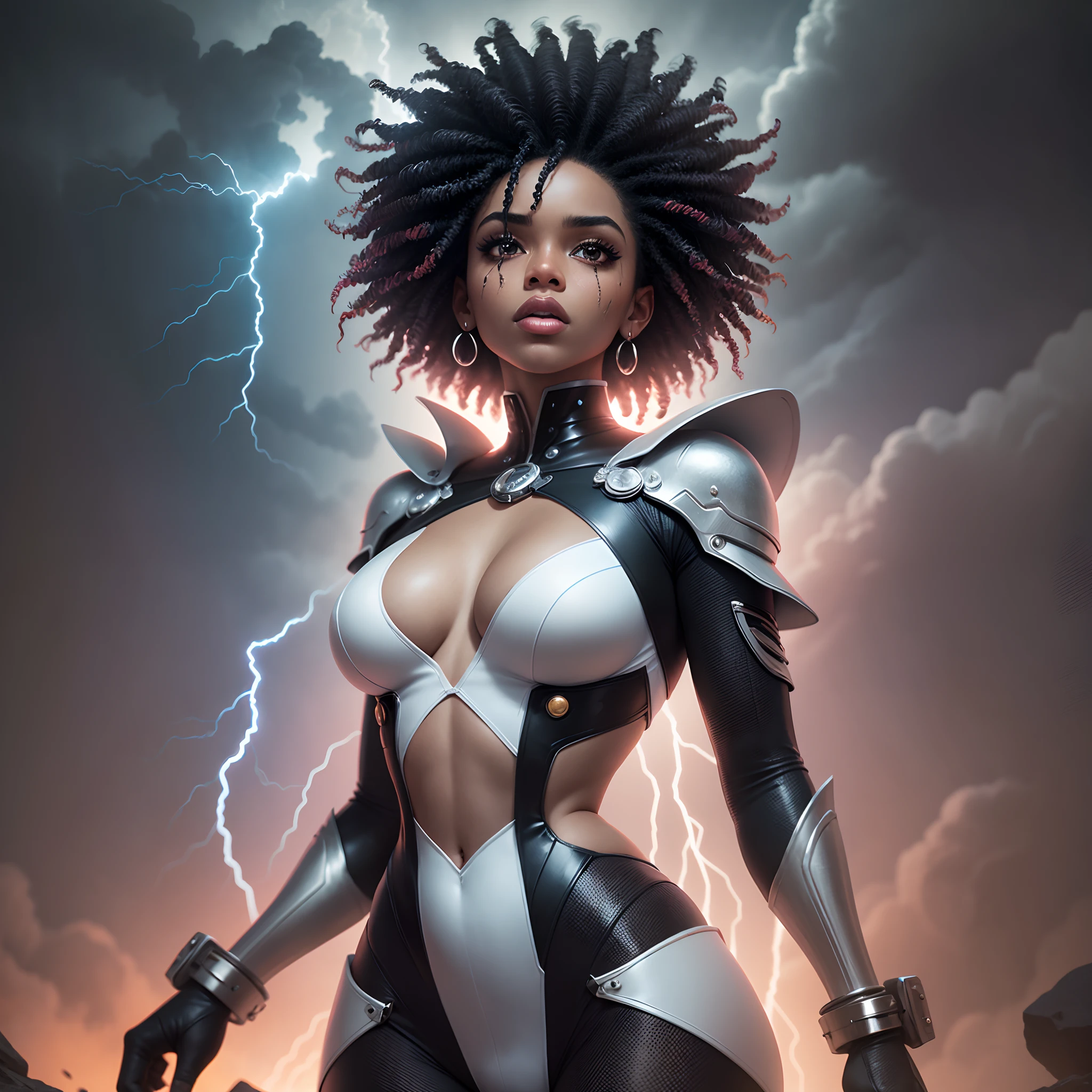 Giant ebony woman a full-body photo of a beautiful black woman floating in the sky among dark clouds with lightning striking around her, Afrofuturista, com luz iridescente, imagens altamente detalhadas, cores vibrantes e bonitas, imagem fotorrealista, 8k, Ultra HD |, motor irreal renderizado, Cinematic lighting, estilo artgerm, MULTIPLAS FOTOS COM FOGO ,AGUA, VENTO, RAIOS,