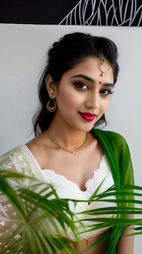 RAW photo, face portrait photo of beautiful 26 y.o woman, cute face, wearing black white sari, happy face, hard shadows, cinematic shot, dramatic lightin, big boobs, long hair, dramatic background, dark pink lips, sexy figure , multi color background, tajmahal background