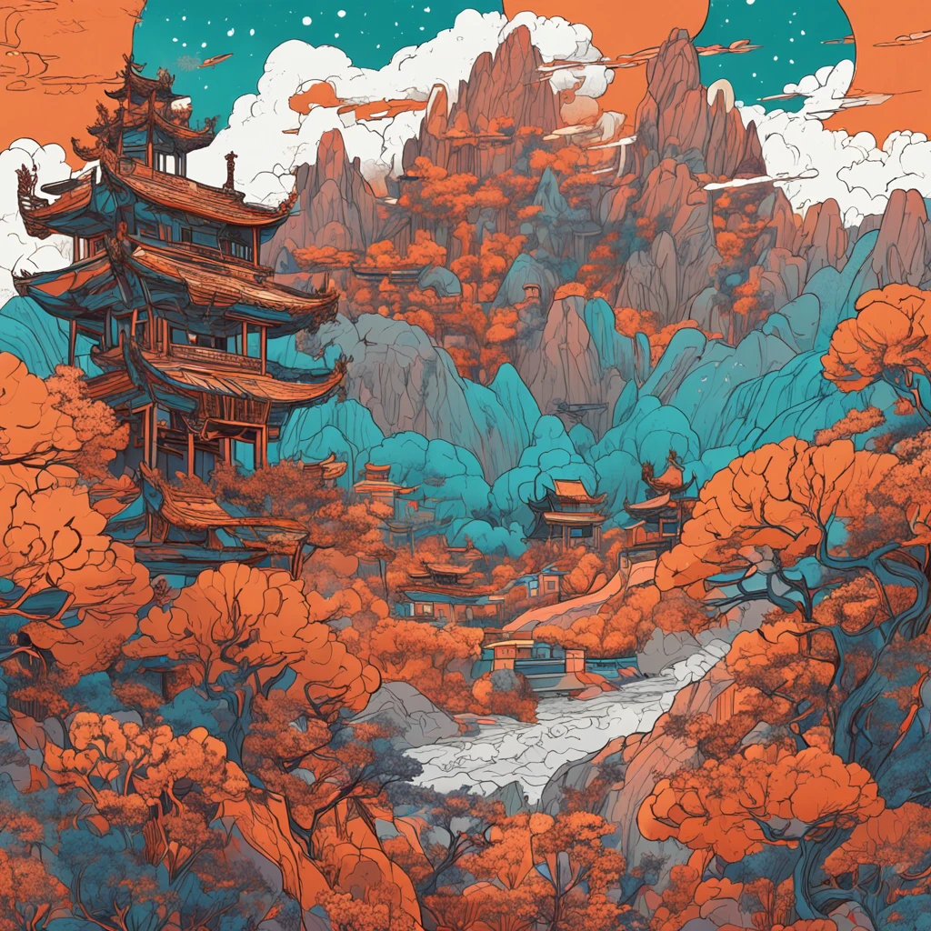 Intricate painting details of a Chinese forest, By range Murata, galaxy in background, Clouds, vivd colour, High contrast, Mountain, vector line art, orange highlights, trending in pixiv, anime concept art, Stick, Mattire, high high quality, Edge to edge, Sanskrit