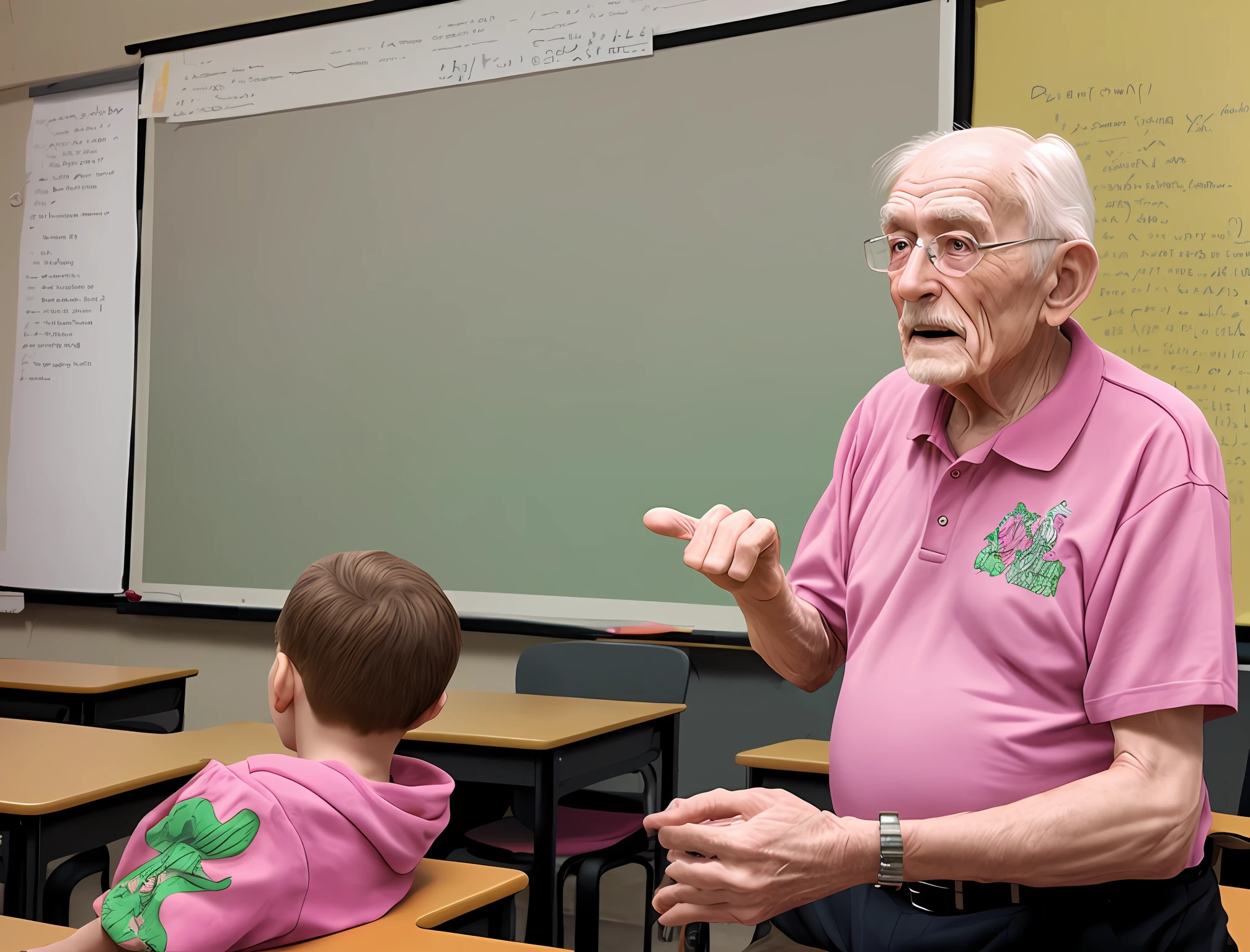 A wise old man teaching in front of class with pink magic threads sticking out of his fingers, desenho