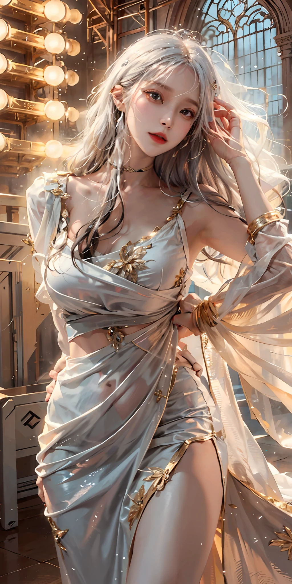 photorealistic, high resolution, soft light,1women, solo, hips up, shining skin, (detailed face), The dress takes on an easy shape with pretty elasticated flutter sleeves and a pretty v-neck, stage lights, ((looking at viewer:1.4)), white hair