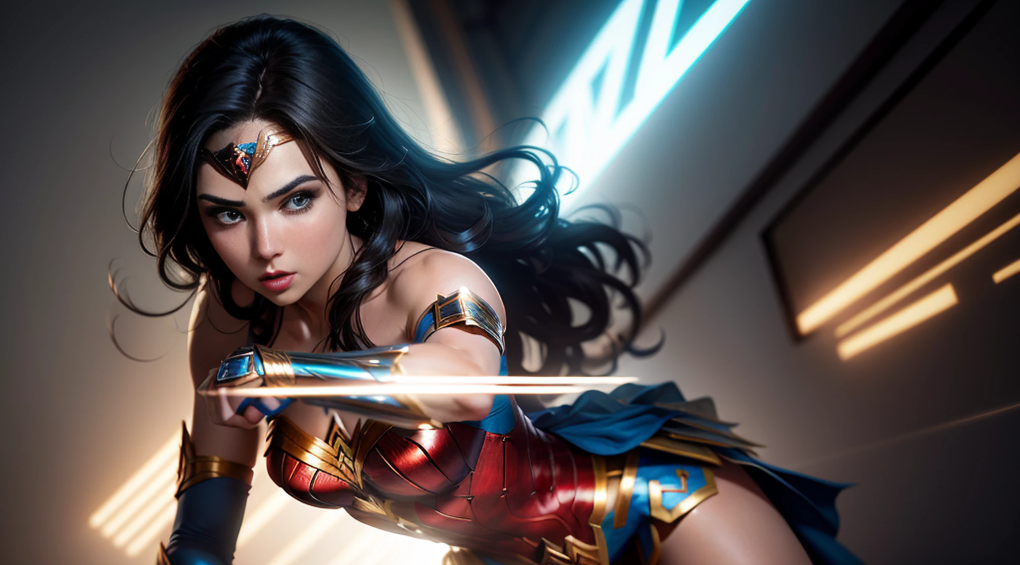 Beautiful woman, blue eyes,jim lee, wonder woman, 1girl, armband, black hair, brown eyes, circlet, lasso of truth, long hair, ((masterpiece)) Wonder Woman, Flying, Lasso of Truth, Uniform, Wonder Woman Costume, Cinematic, Photoshoot, Shot on 25mm lens, depth of field, tilt blur,
1/1000 shutter speed, f/22, white balance, 32k, super res, Pro Photo RGB, Half Backlight, Backlight, Dramatic Lighting, Incandescent, Soft Lighting,
Volumetric, Conte-Jour, Global Illumination, Screen Space Global Illumination, Scattering, Shadows, Rough, Shimmering, Lumen Reflections,
Screen Space Reflections, Diffraction Grading, Chromatic Aberration, GB Offset, Scanlines, Ambient Occlusion, Anti-aliasing, FKAA, TXAA, RTX,
SSAO, OpenGL-Shader's, Post-processing, Post Production, Cell Shading, Tone Mapping, CGI, VFX, SFX, insanely detailed and intricate, hyper maximalist,
elegant, dynamic pose, photography, volumetric, ultra-detailed, intricate details, super-detailed, jim leeambient –uplight –v 4 –q 2